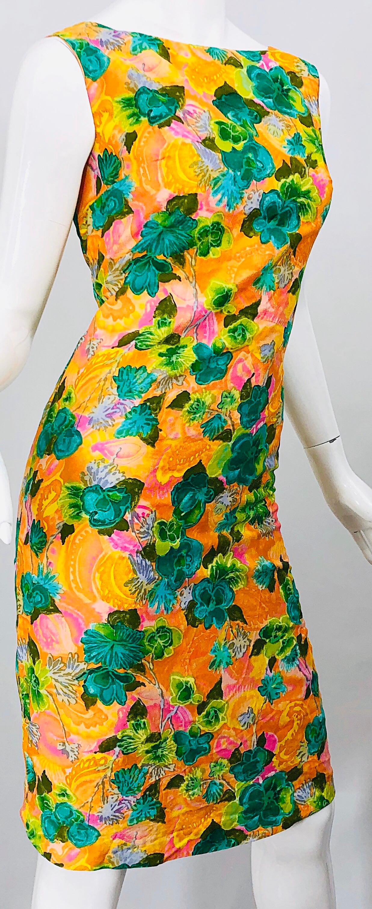 1960s Melo of California Orange Green Pink Flower Print Vintage 60s Sheath Dress For Sale 4