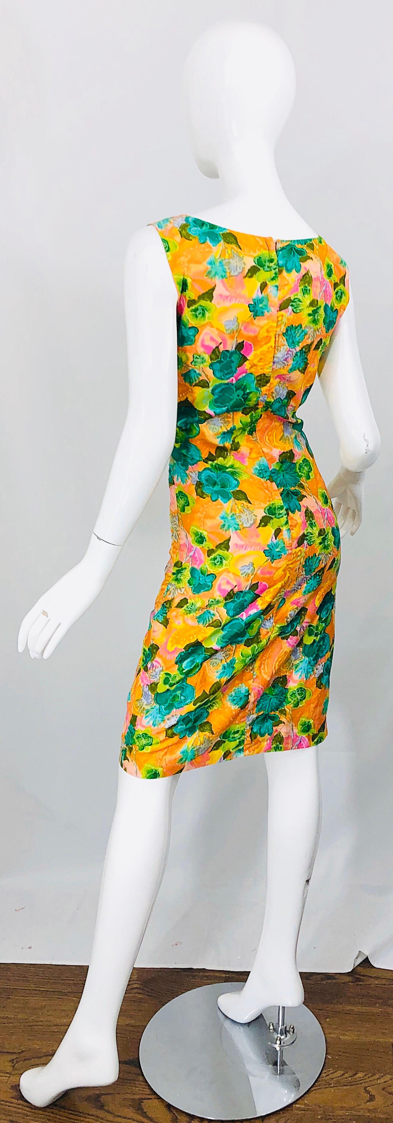 1960s Melo of California Orange Green Pink Flower Print Vintage 60s Sheath Dress For Sale 5