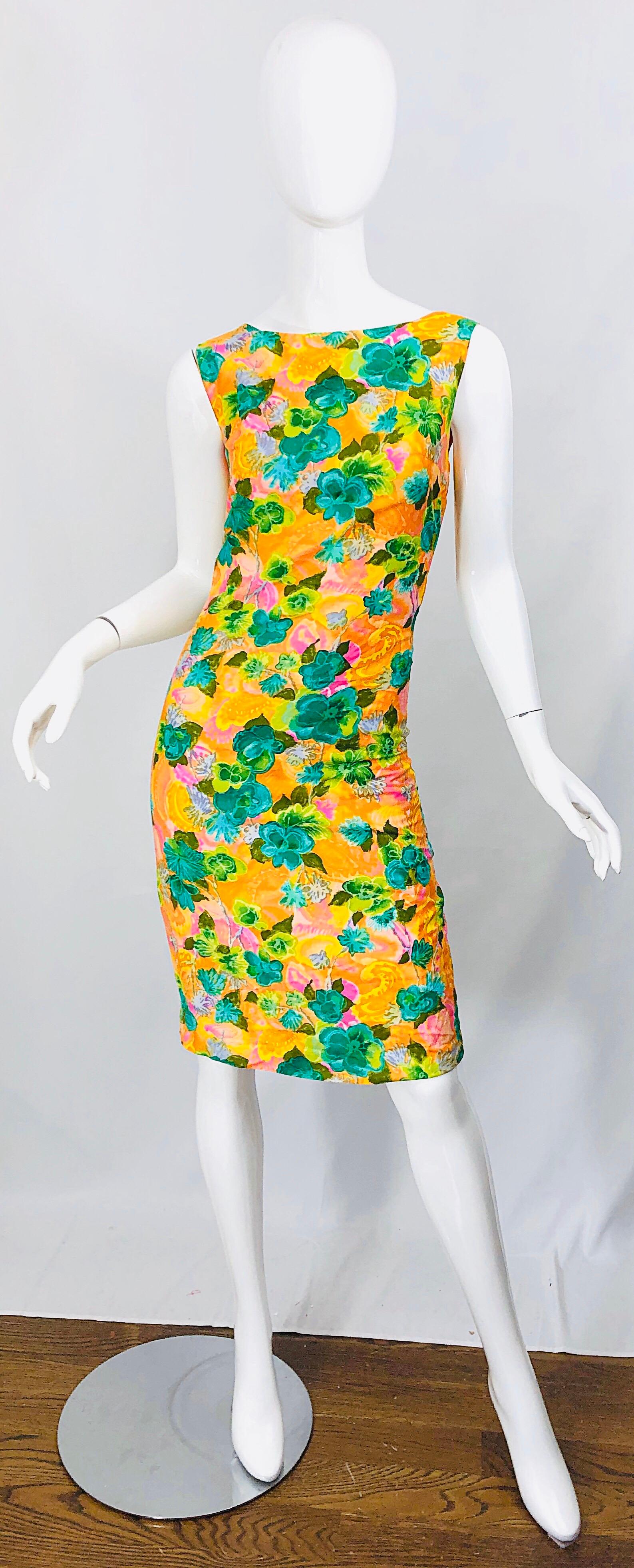 1960s Melo of California Orange Green Pink Flower Print Vintage 60s Sheath Dress For Sale 6