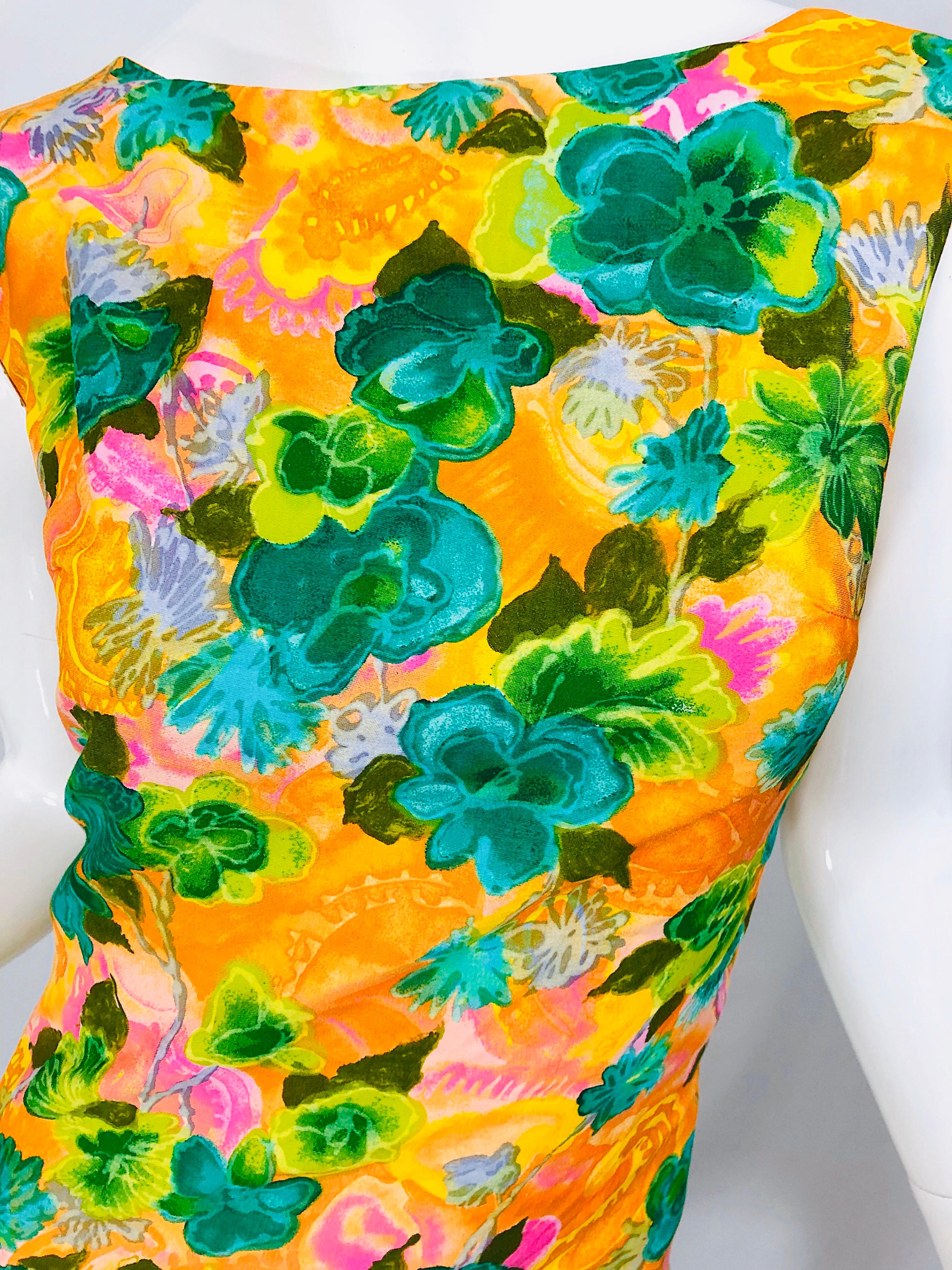 Yellow 1960s Melo of California Orange Green Pink Flower Print Vintage 60s Sheath Dress For Sale