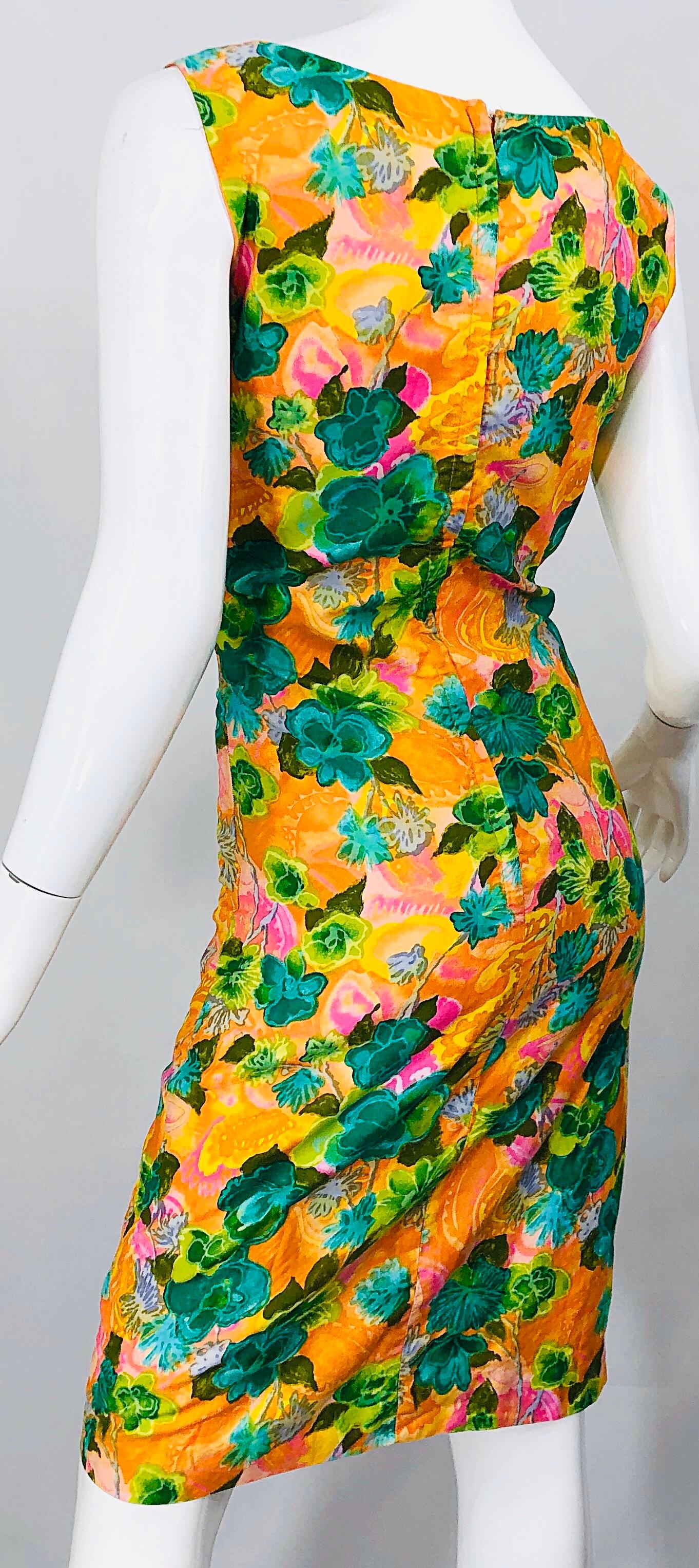 1960s Melo of California Orange Green Pink Flower Print Vintage 60s Sheath Dress In Excellent Condition For Sale In San Diego, CA