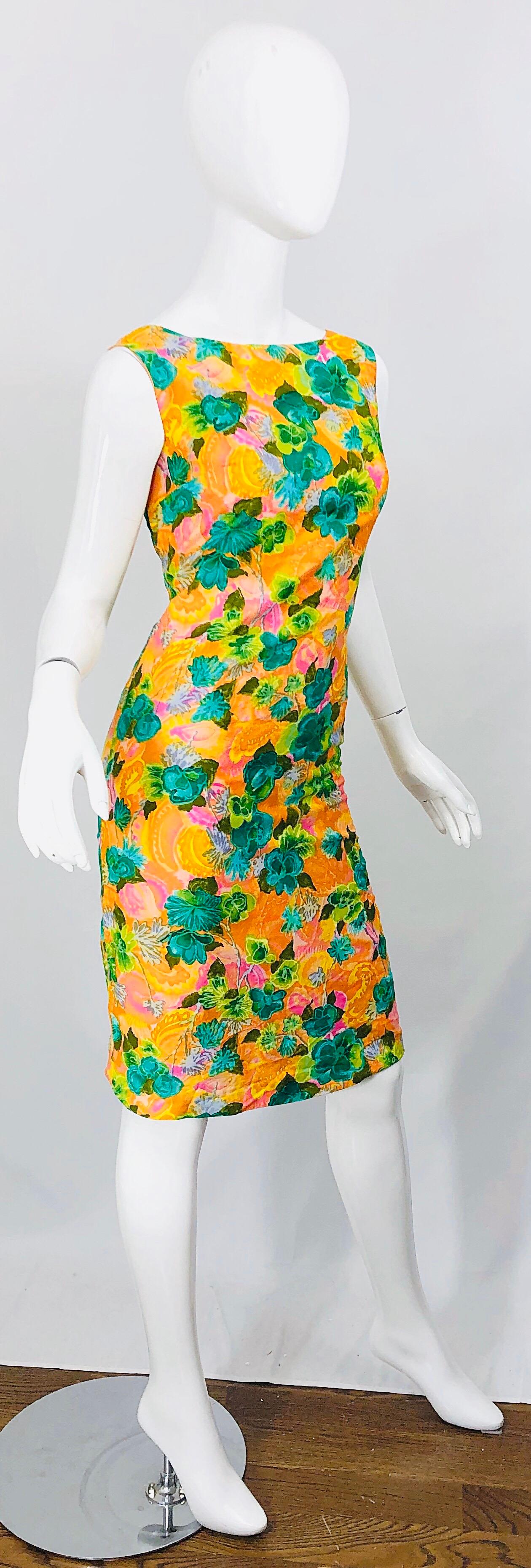 Women's 1960s Melo of California Orange Green Pink Flower Print Vintage 60s Sheath Dress For Sale