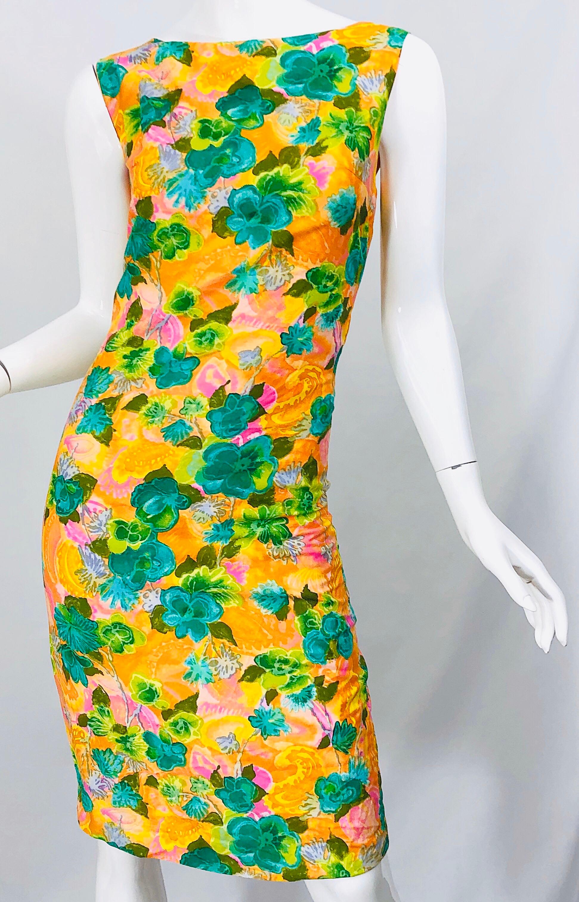 1960s Melo of California Orange Green Pink Flower Print Vintage 60s Sheath Dress For Sale 1