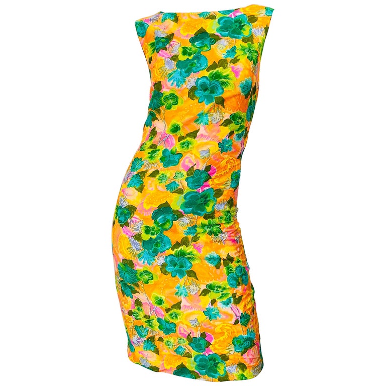 1960s Melo Of California Orange Green Pink Flower Print Vintage 60s Sheath Dress