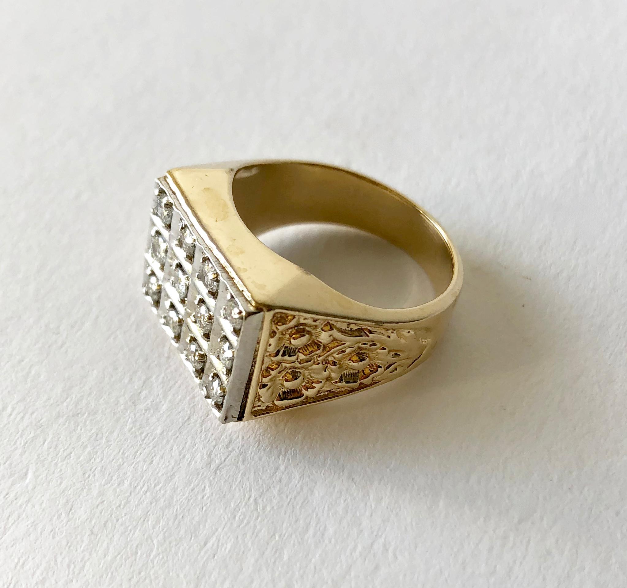 14K gold signet ring with 12 diamonds, circa 1960s. Ring is a finger size 8.75 and is signed 14k. Suitable for a man or woman.  In very good vintage condition. 9.3 grams.