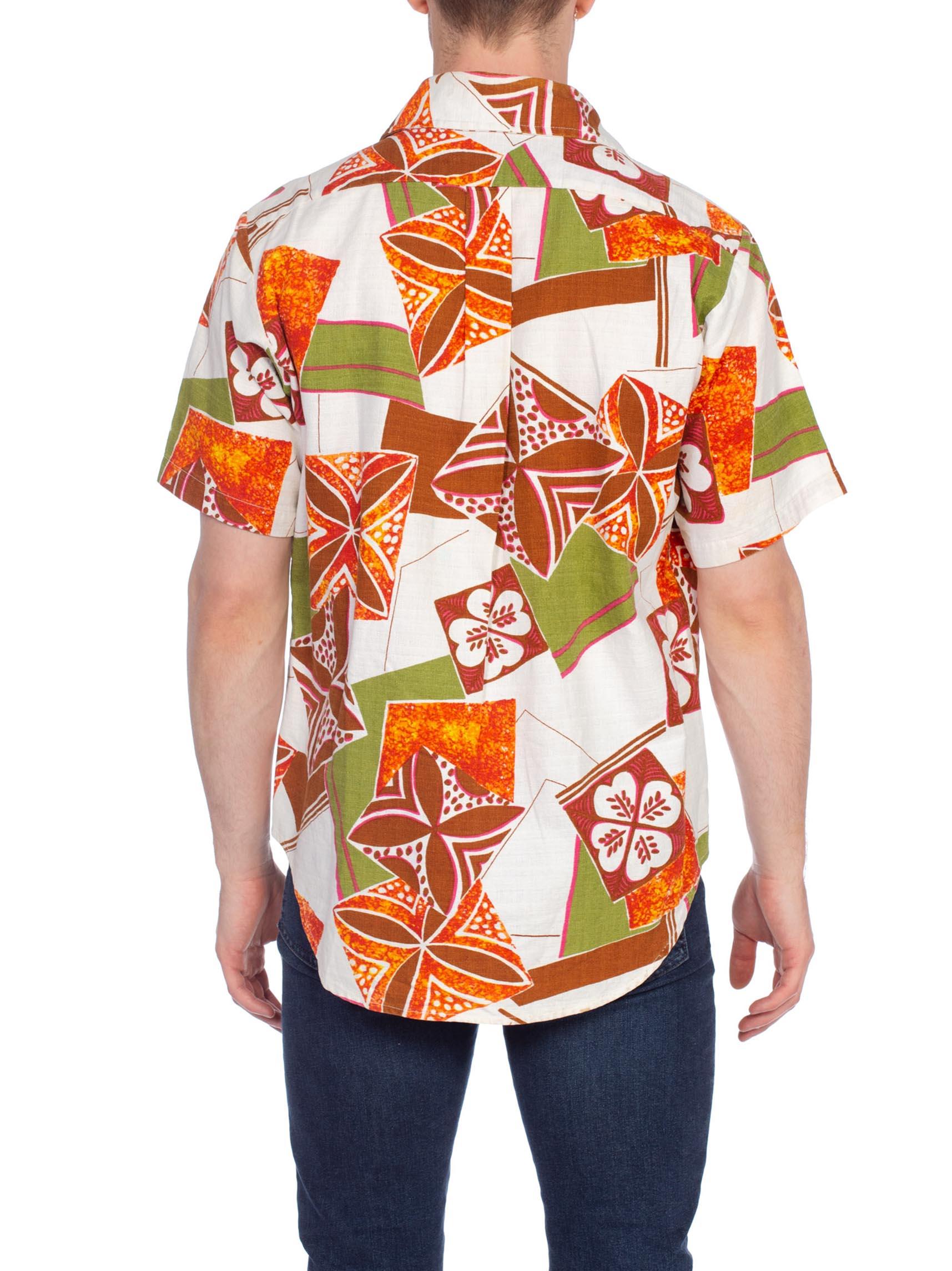 1960S Lime Green & Orange Cotton Barkcloth Men's Tropical Tiki Hawaiian Shirt 1