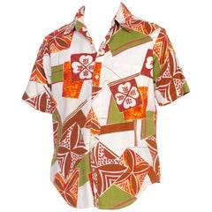 1960S Lime Green & Orange Cotton Barkcloth Men's Tropical Tiki Hawaiian Shirt