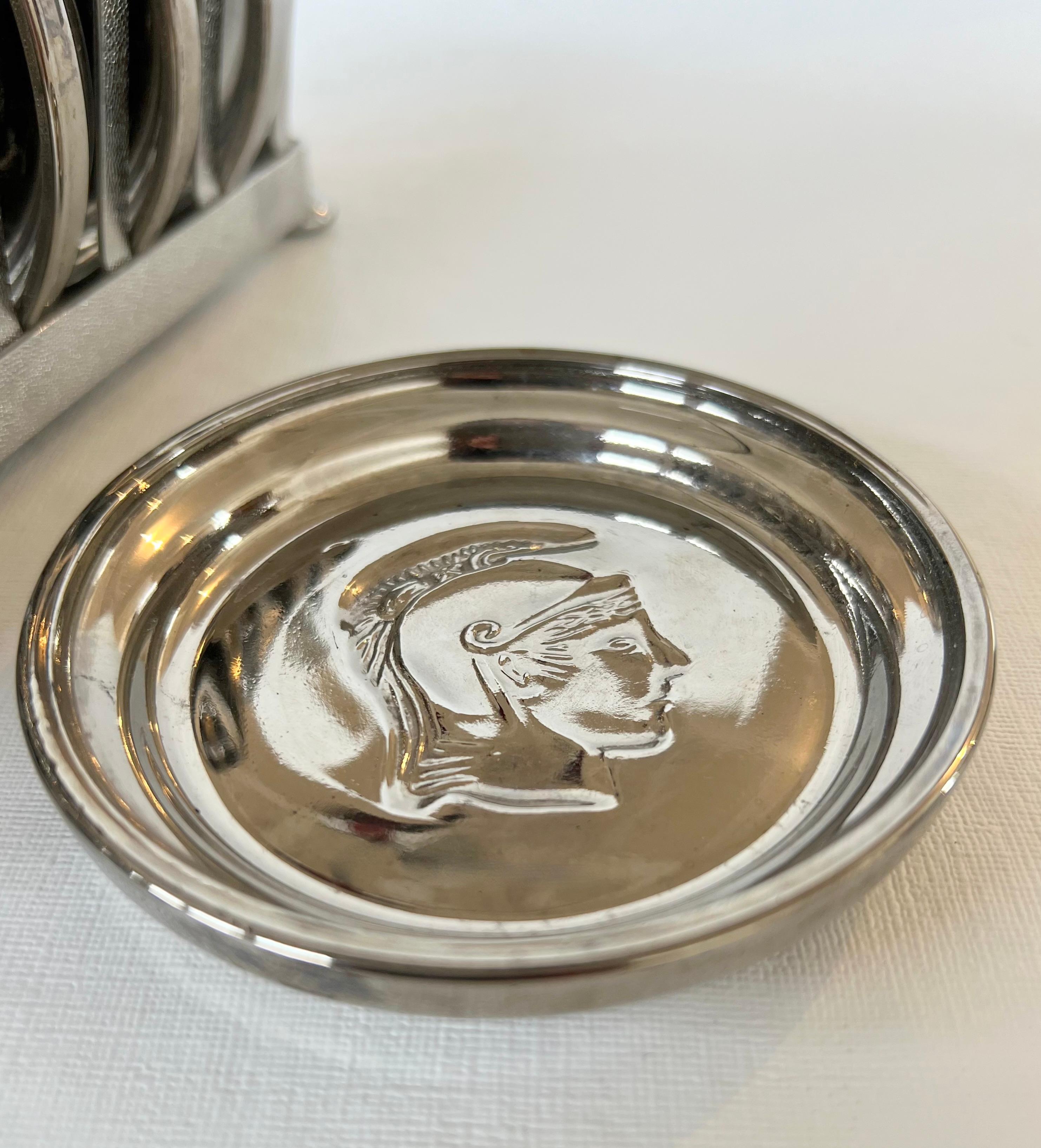 1960s Mercury Glass Roman Centurion Coasters in Caddy - 9 Pieces In Good Condition For Sale In Draper, UT