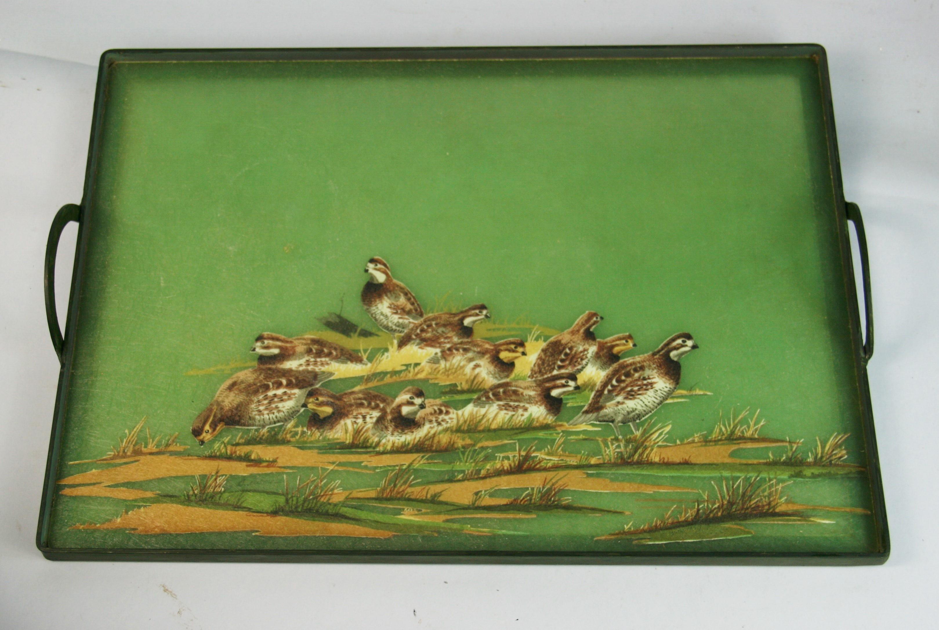 3-696 metal rimmed tray with embossed quail fowl drawings.