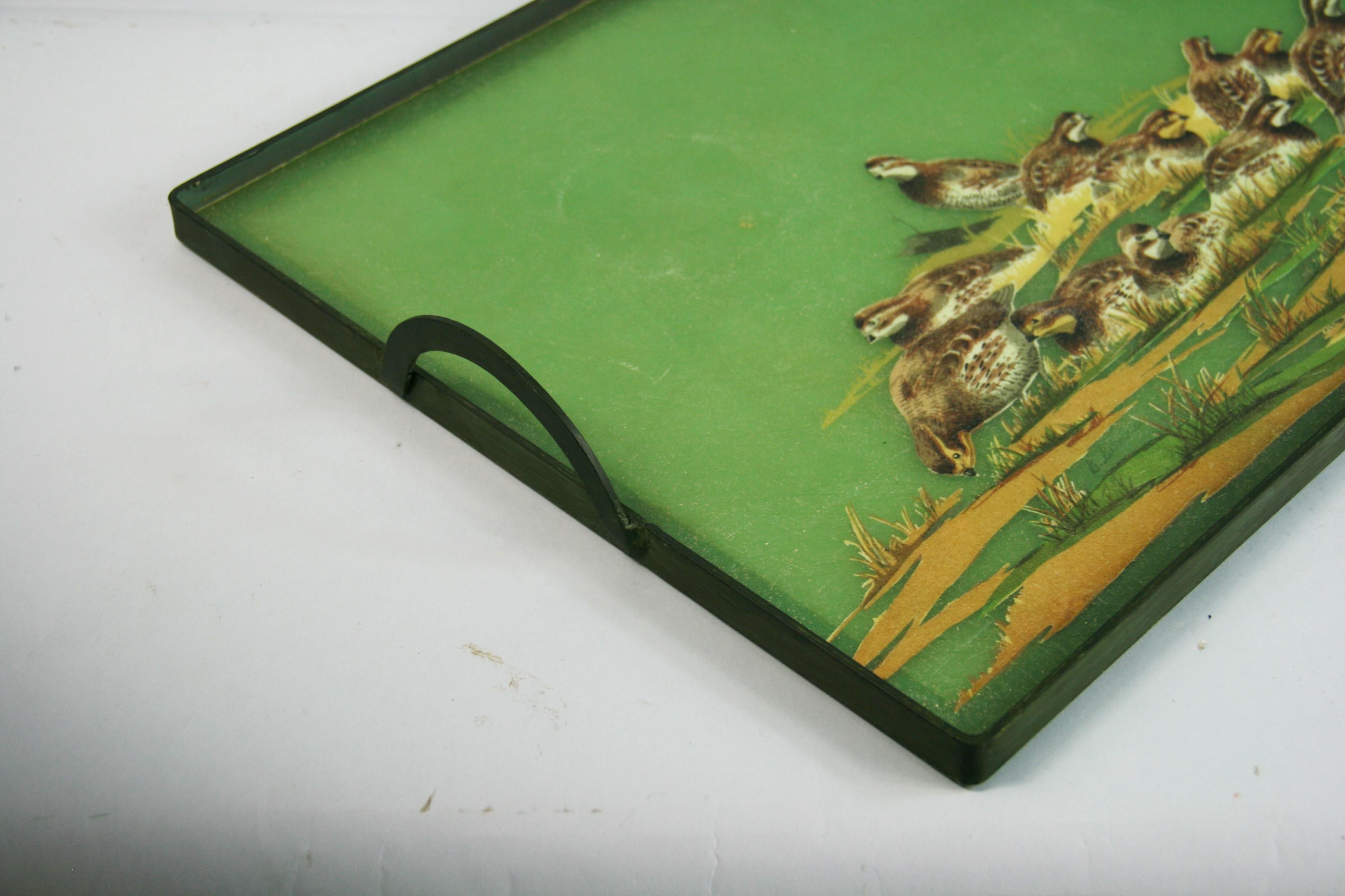 1960's Metal and Fiberglass Serving Tray with Quail Fowl Drawings 3