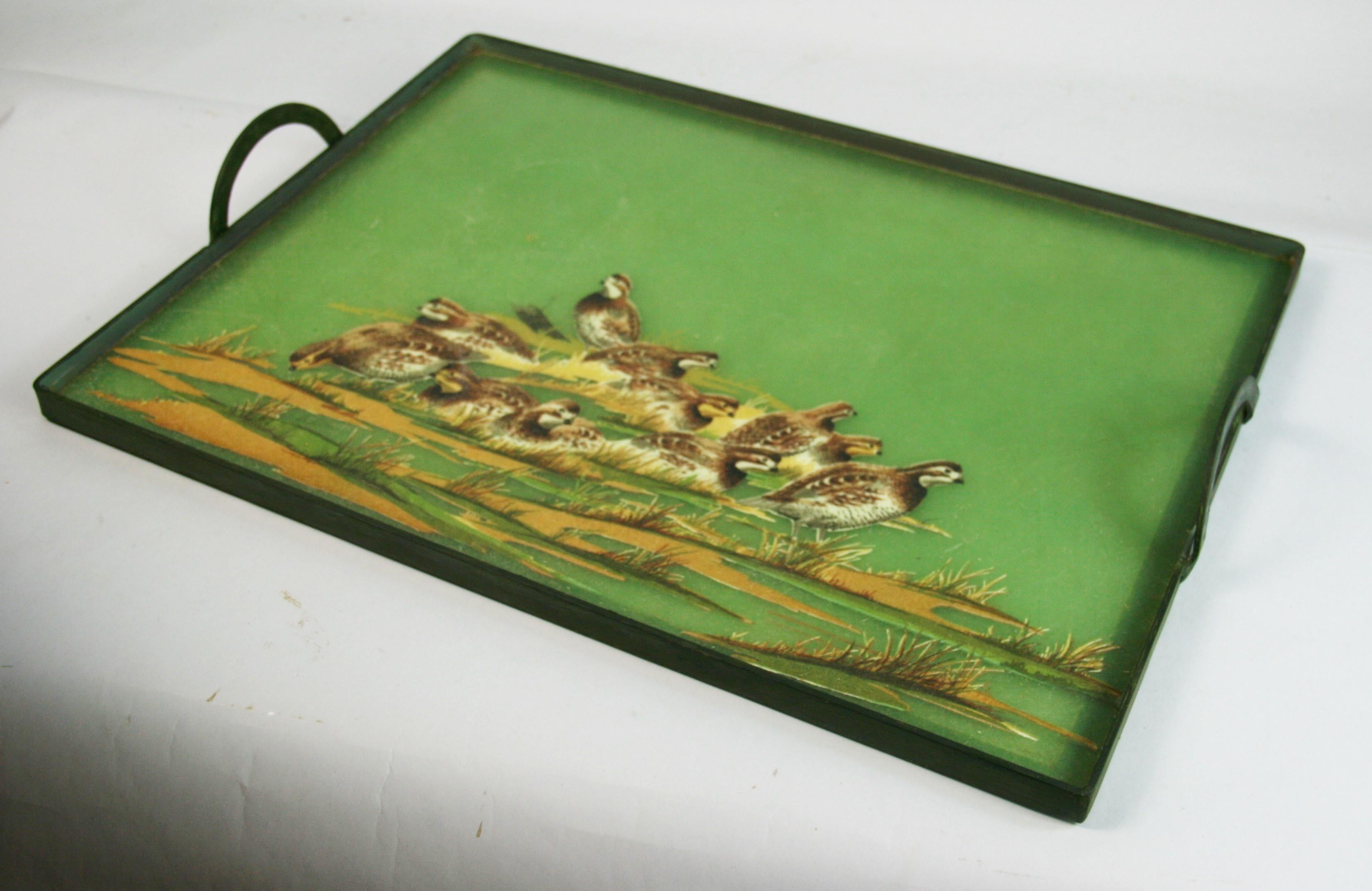 1960's Metal and Fiberglass Serving Tray with Quail Fowl Drawings 5
