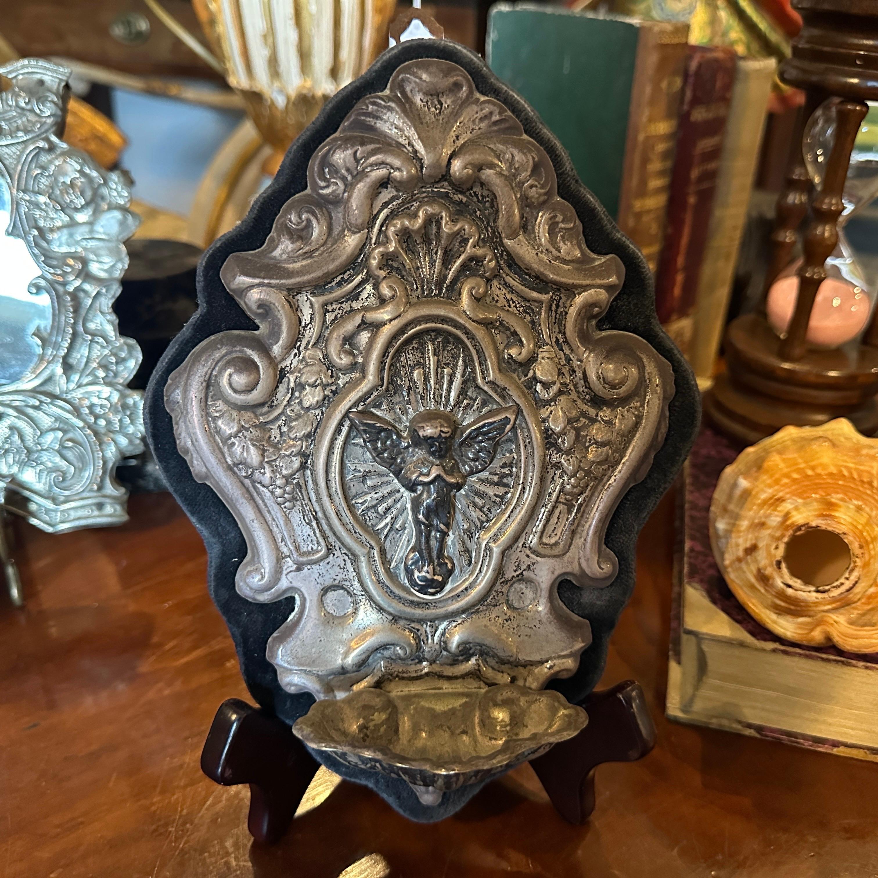 Baroque Revival 1960s Metal and Velvet Italian Holy Water Stoup For Sale