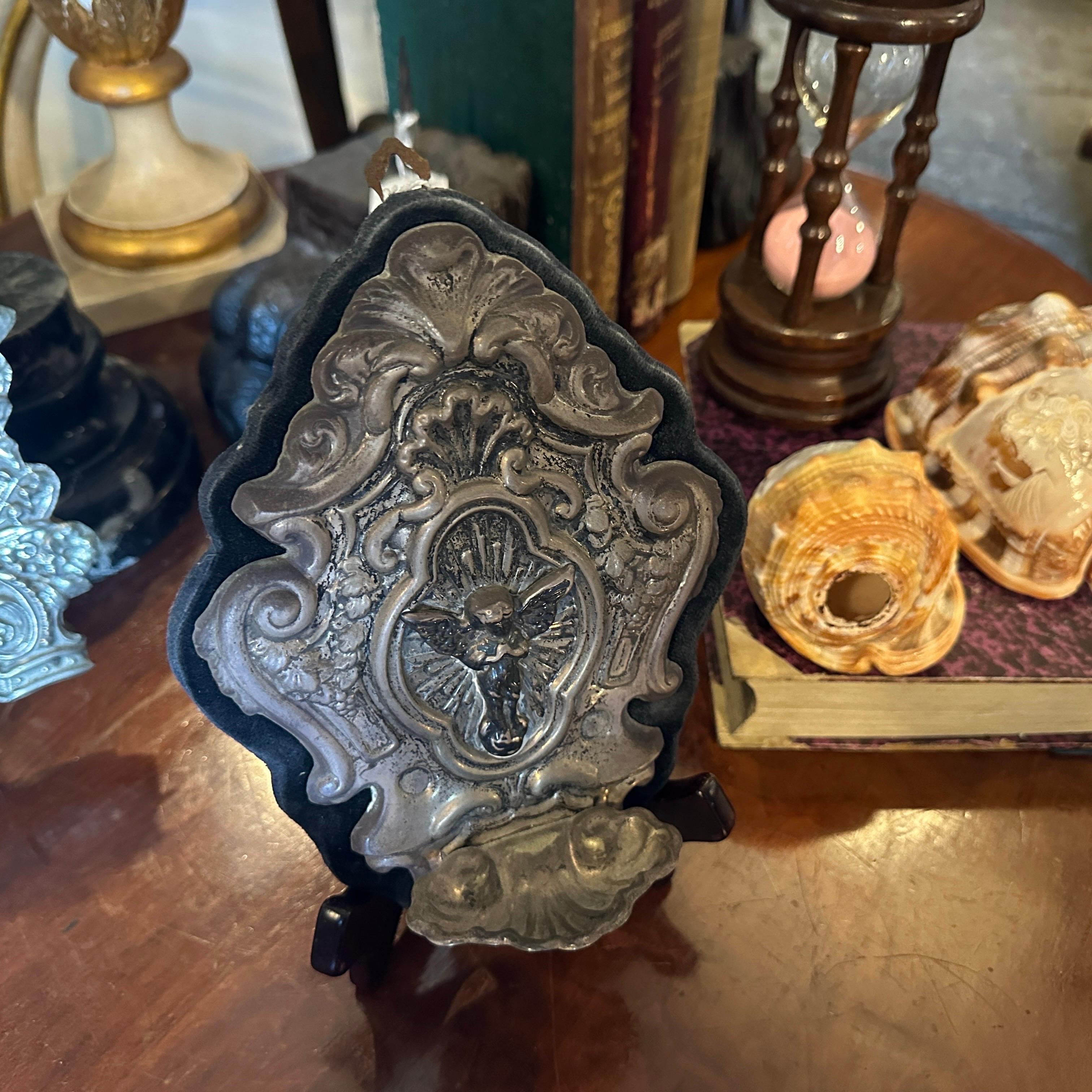 Hand-Crafted 1960s Metal and Velvet Italian Holy Water Stoup For Sale