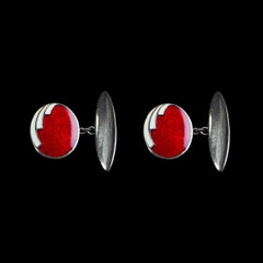 1960s Metal Antique Cufflinks with Red and White Enamel