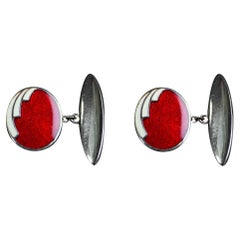 1960s Metal Vintage Cufflinks with Red and White Enamel