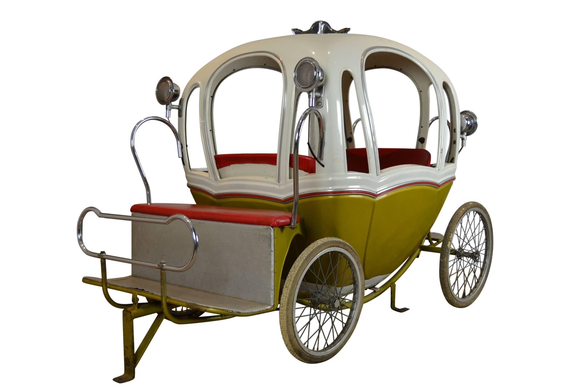 Exceptional Fairground, Carousel , Merry-go-round Object. 
A 1960s handmade metal and chrome Pumpkin Carriage - Cinderella Carriage - closed Fairy-tale Carriage 
designed and made by L' Autopede Belgium. 
Delivered with two matching fiberglass