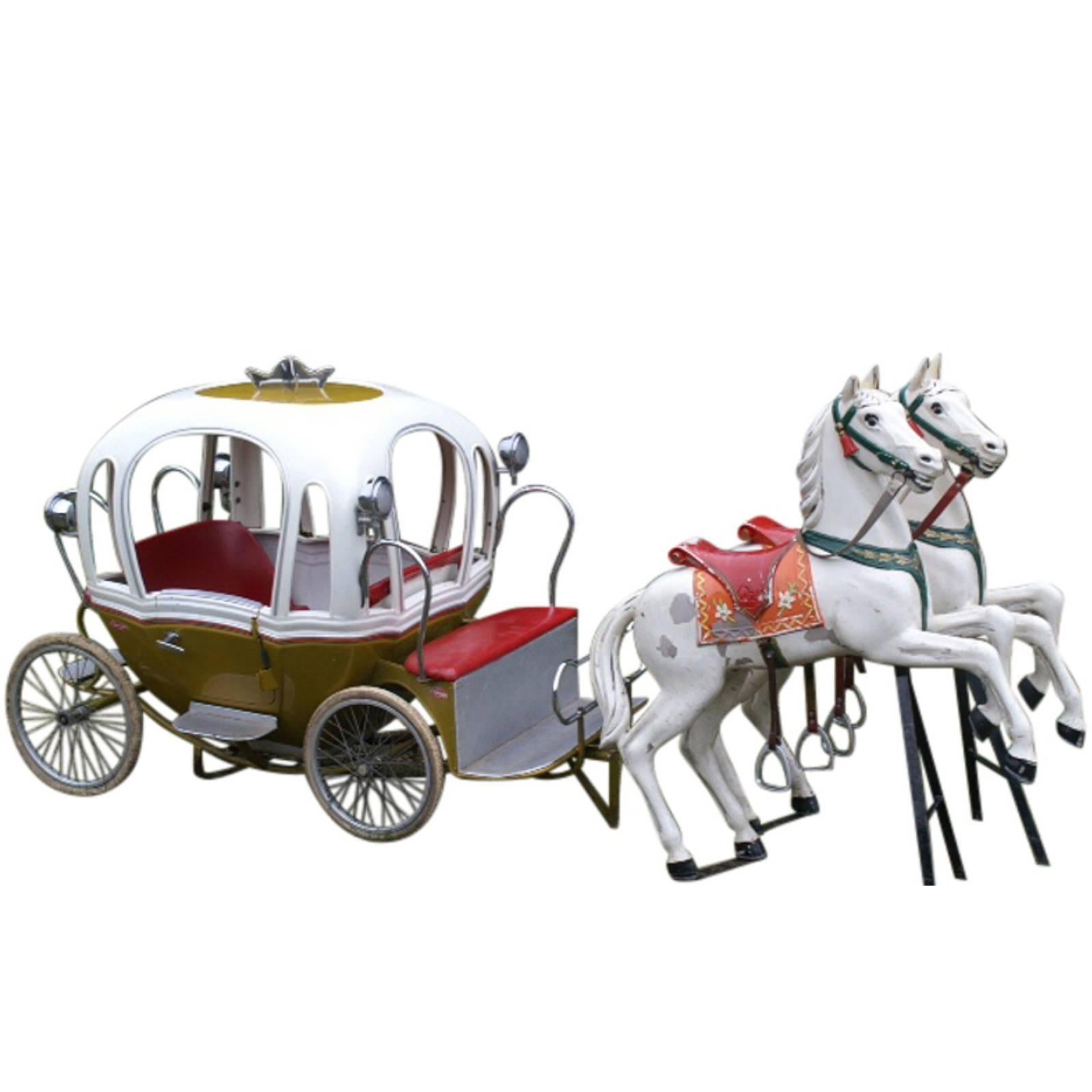 Metal Carousel Cinderella Carriage by L' Autopède Belgium with Two Horses, 1960s
