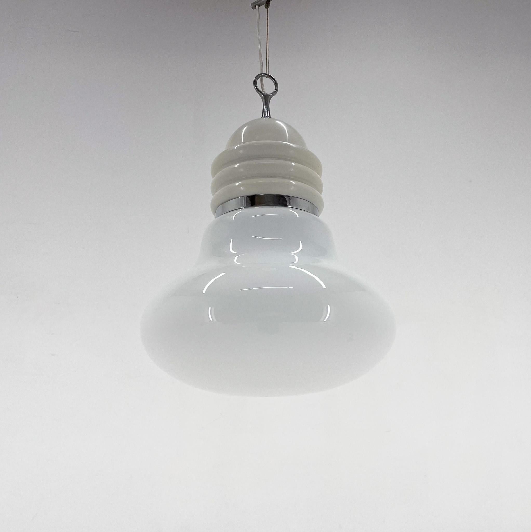 Mid-Century Modern 1960s Metal & Milk Glass Pendant Light, Italy For Sale