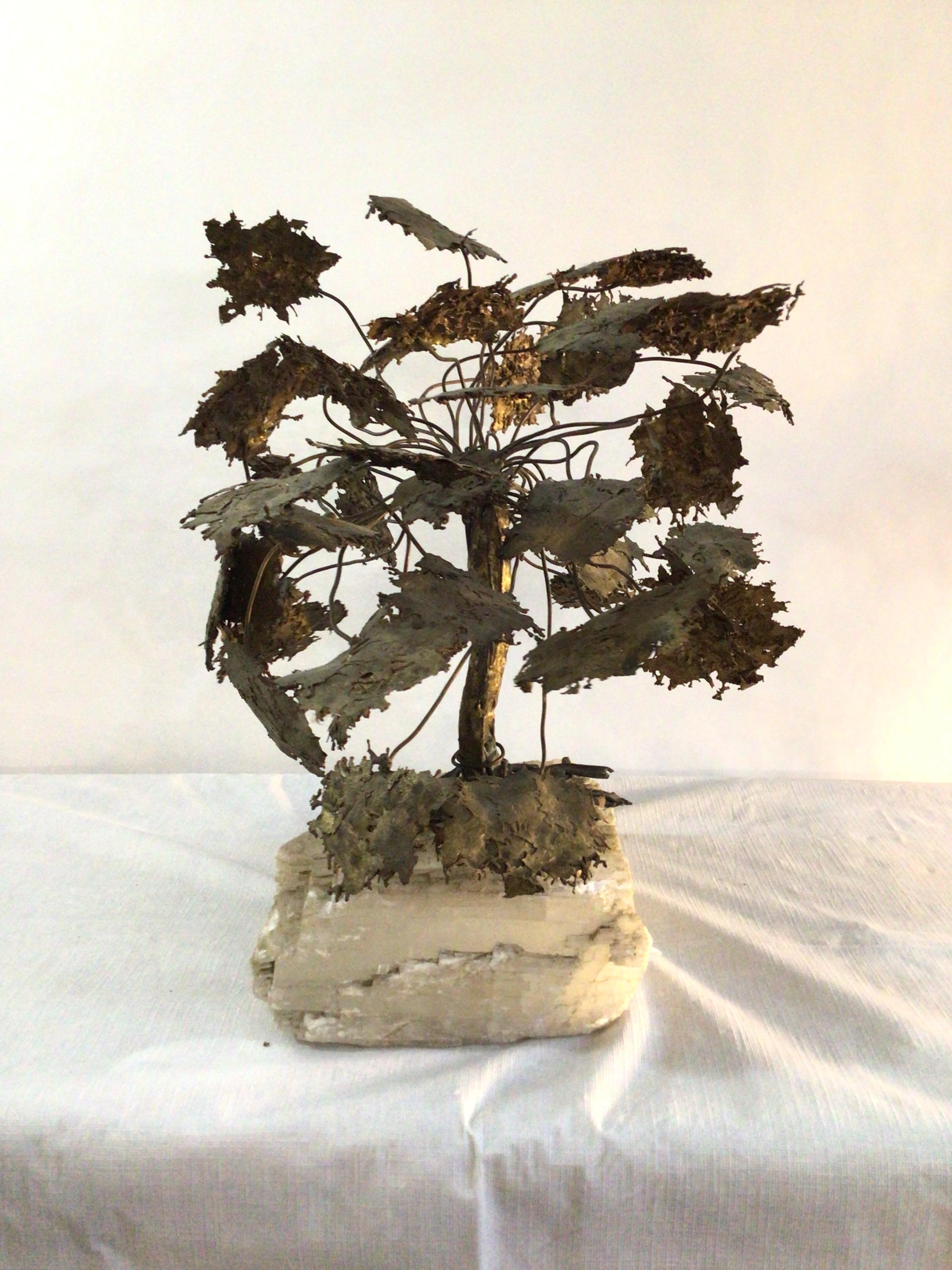 Mid-Century Modern 1960s Metal Tree Sculpture On Quartz Stone Base For Sale