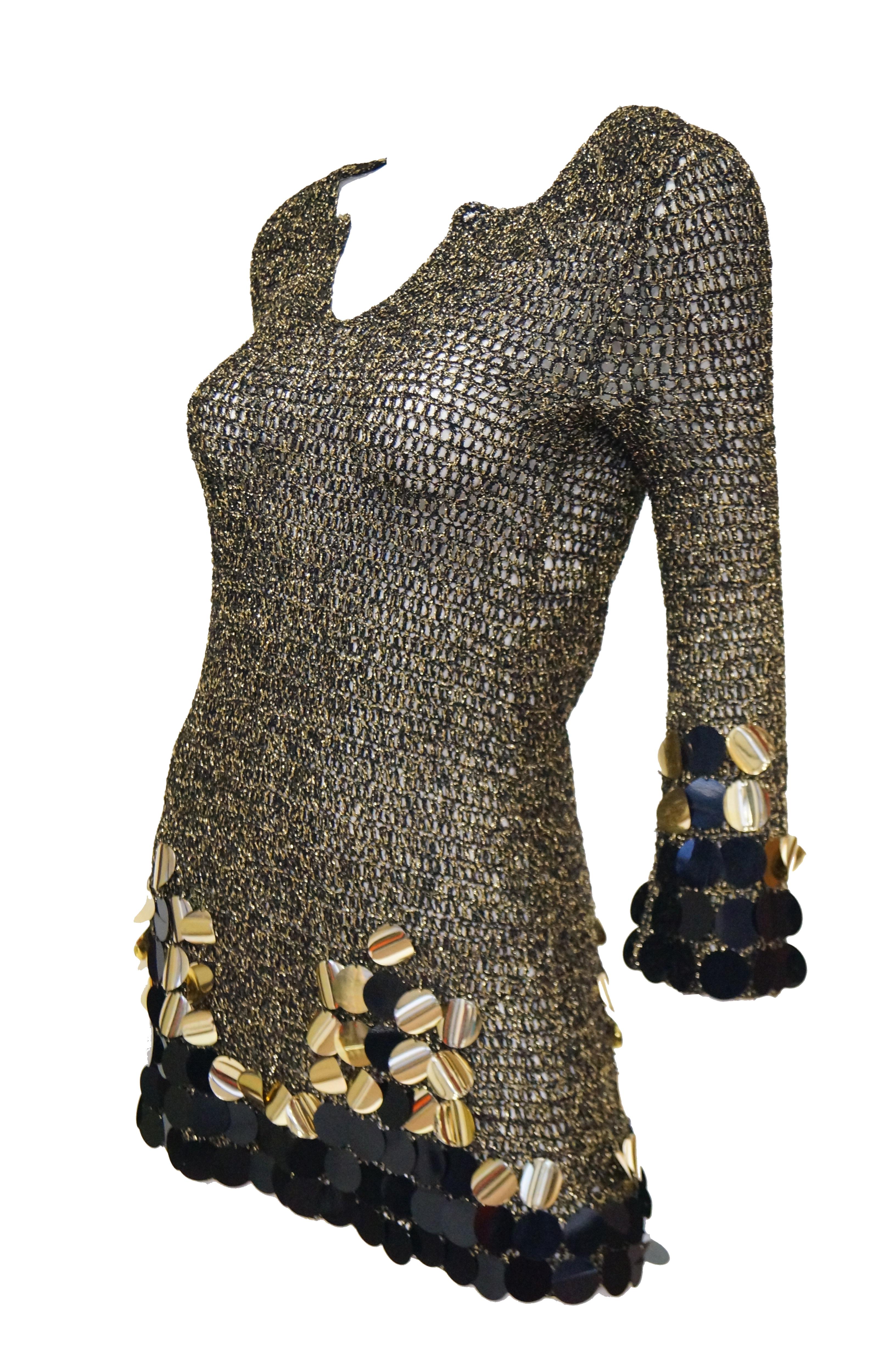 1960s Metallic Gold and Black Knit Wear Mini Dress 6