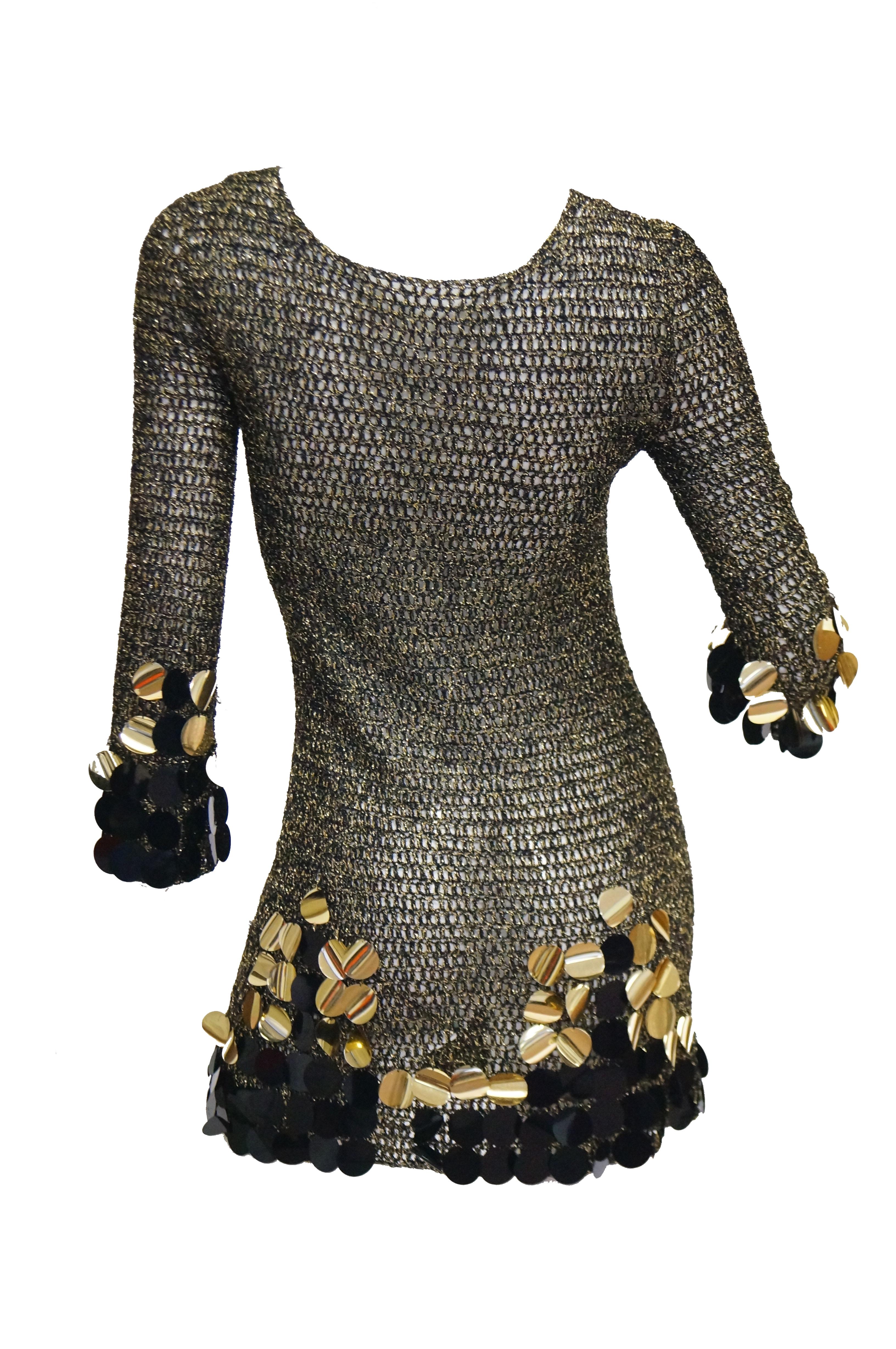 1960s Metallic Gold and Black Knit Wear Mini Dress 4
