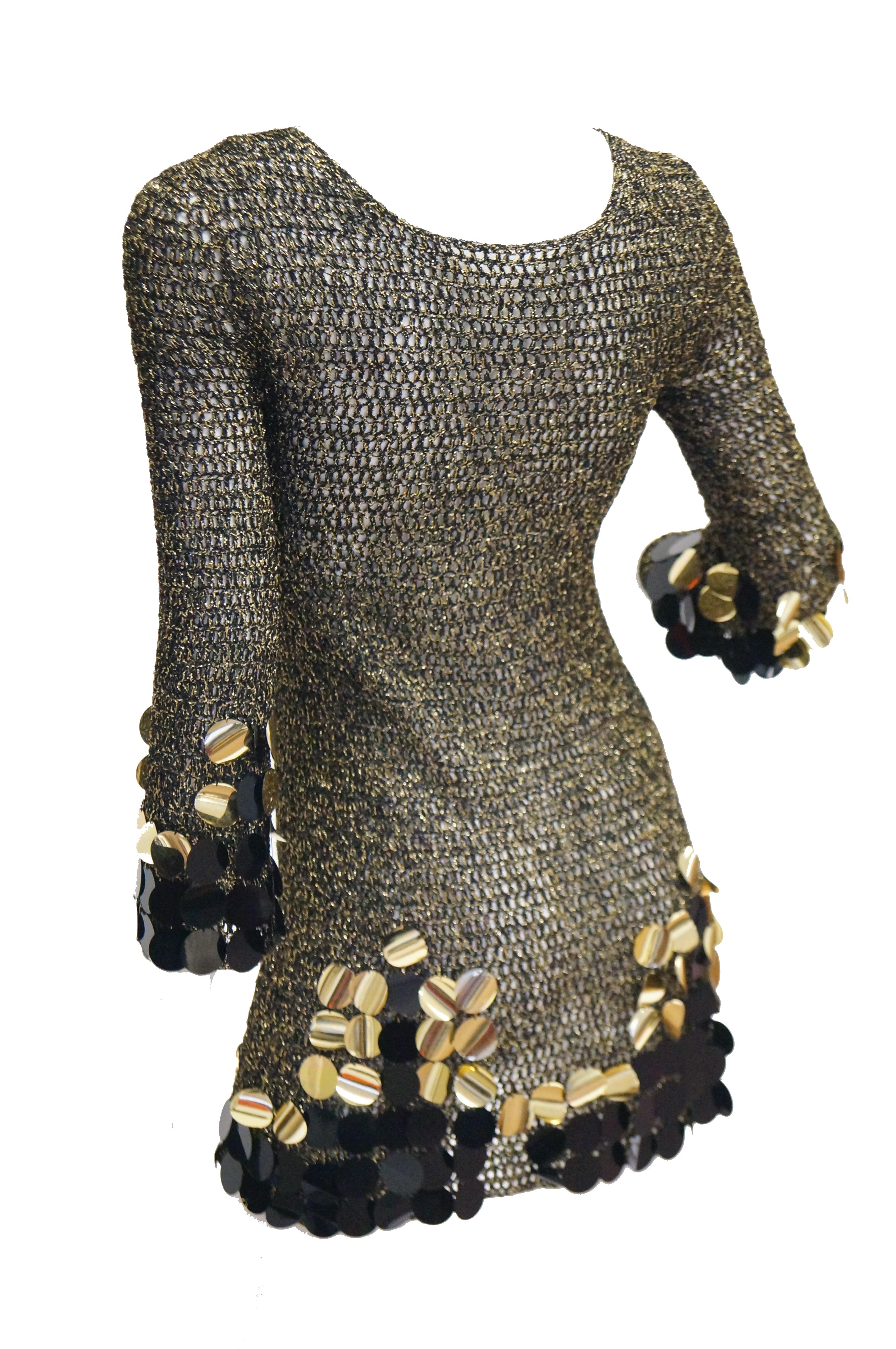 1960s Metallic Gold and Black Knit Wear Mini Dress 5