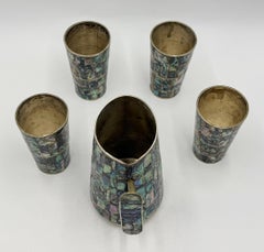 1960s Mexican Abalone Inlay Alpaca Silver Pitcher & 4 Tumblers Barware Set