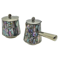1960s Mexican Alpaca & Abalone Sugar and Creamer Set, Mexican Modernism, by LHG