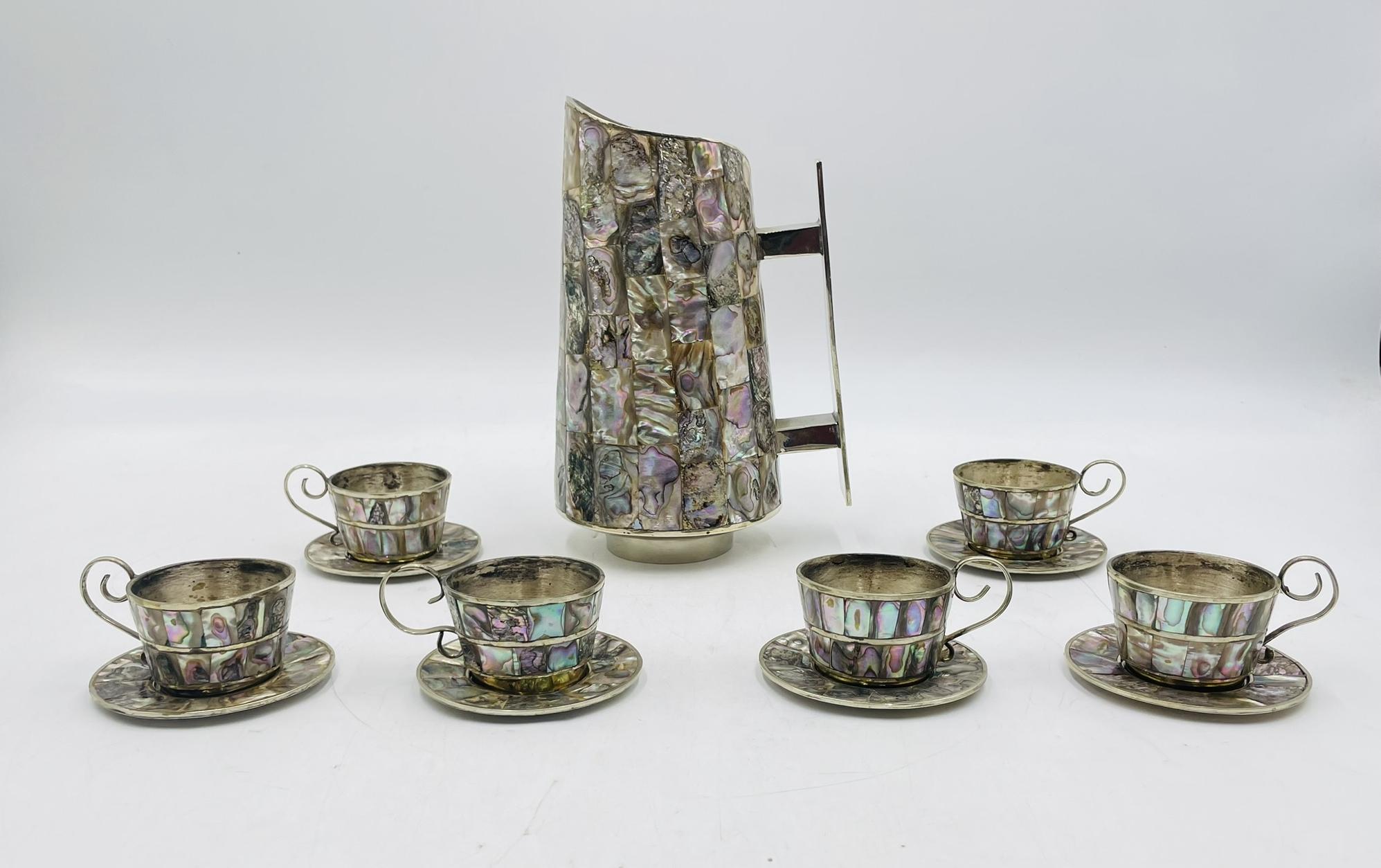 Messicano Set di brocche d'acqua messicane in argento e abalone degli anni '60, dopo Los Castillos in vendita