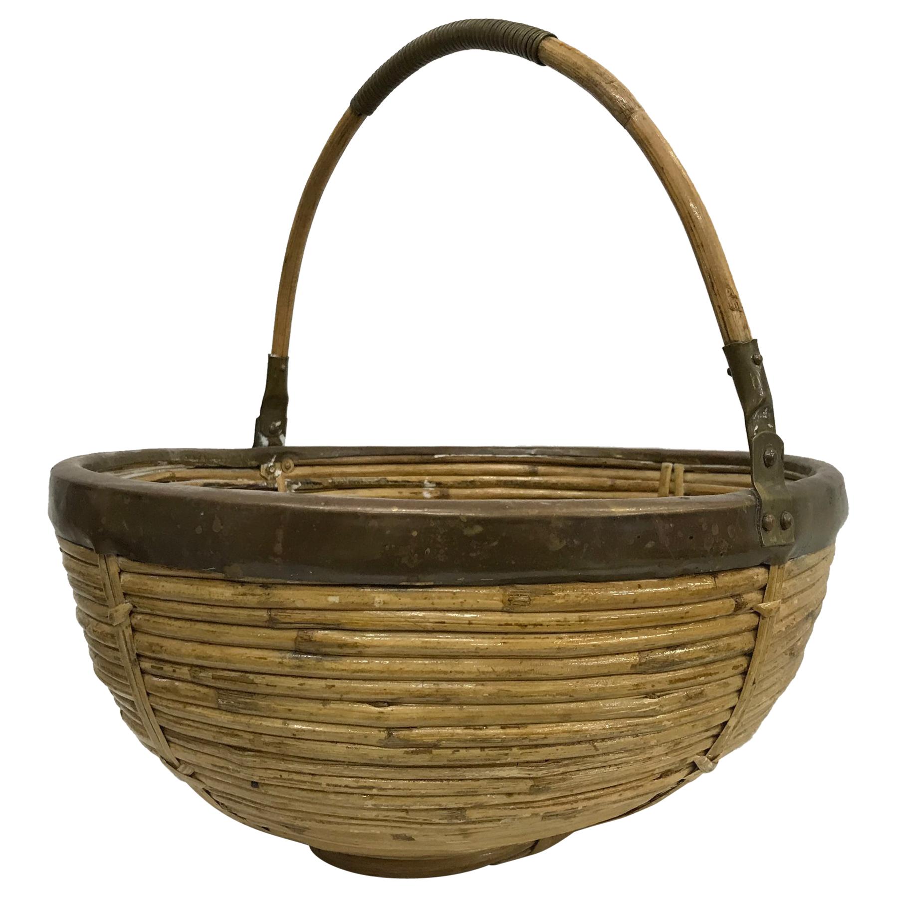 1960s Mexican Hand Carry Woven Wicker Cane Basket with Patinated Brass Trim