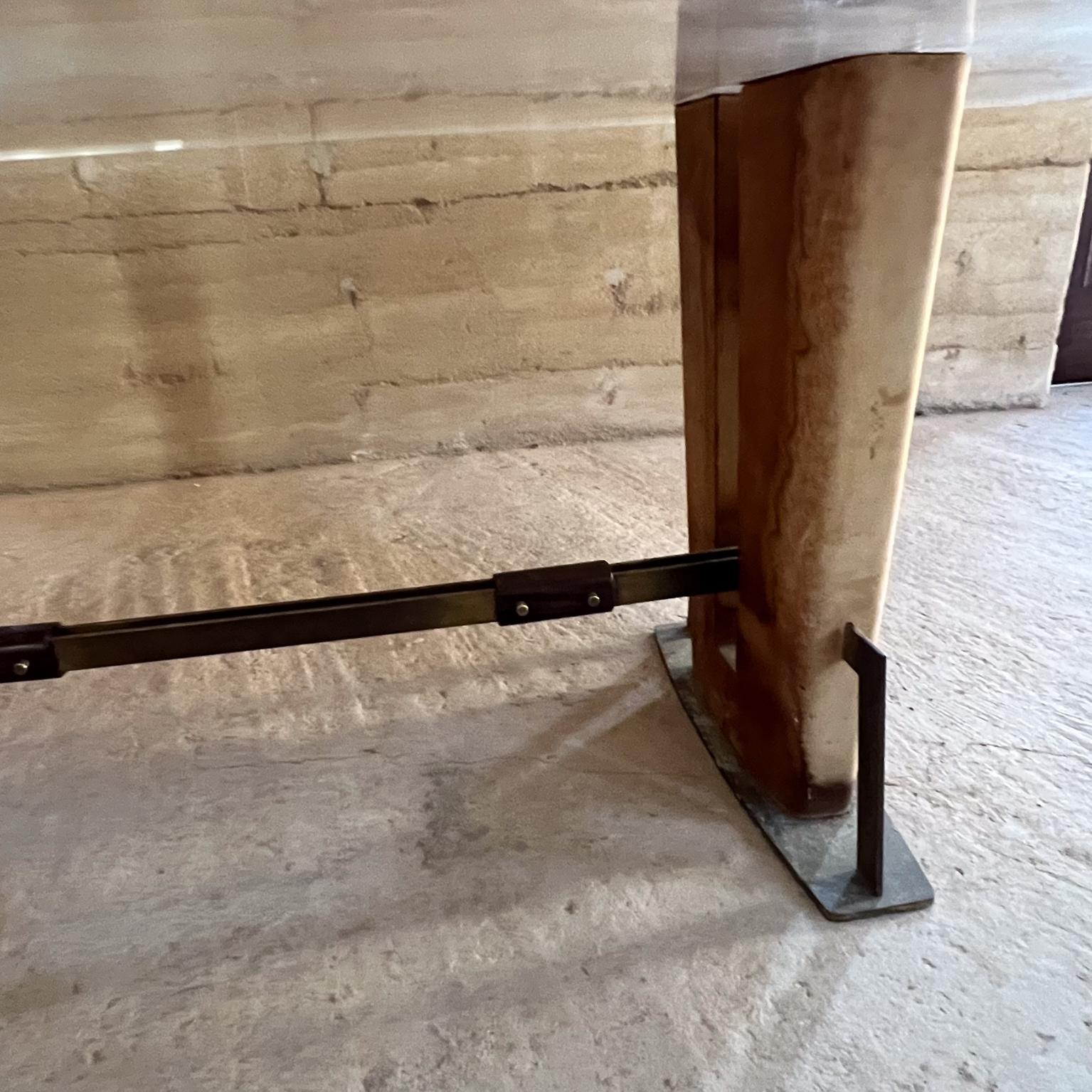 1960s Mexican Modernism Lucite Dining Table Leather Mahogany Solid Brass For Sale 8