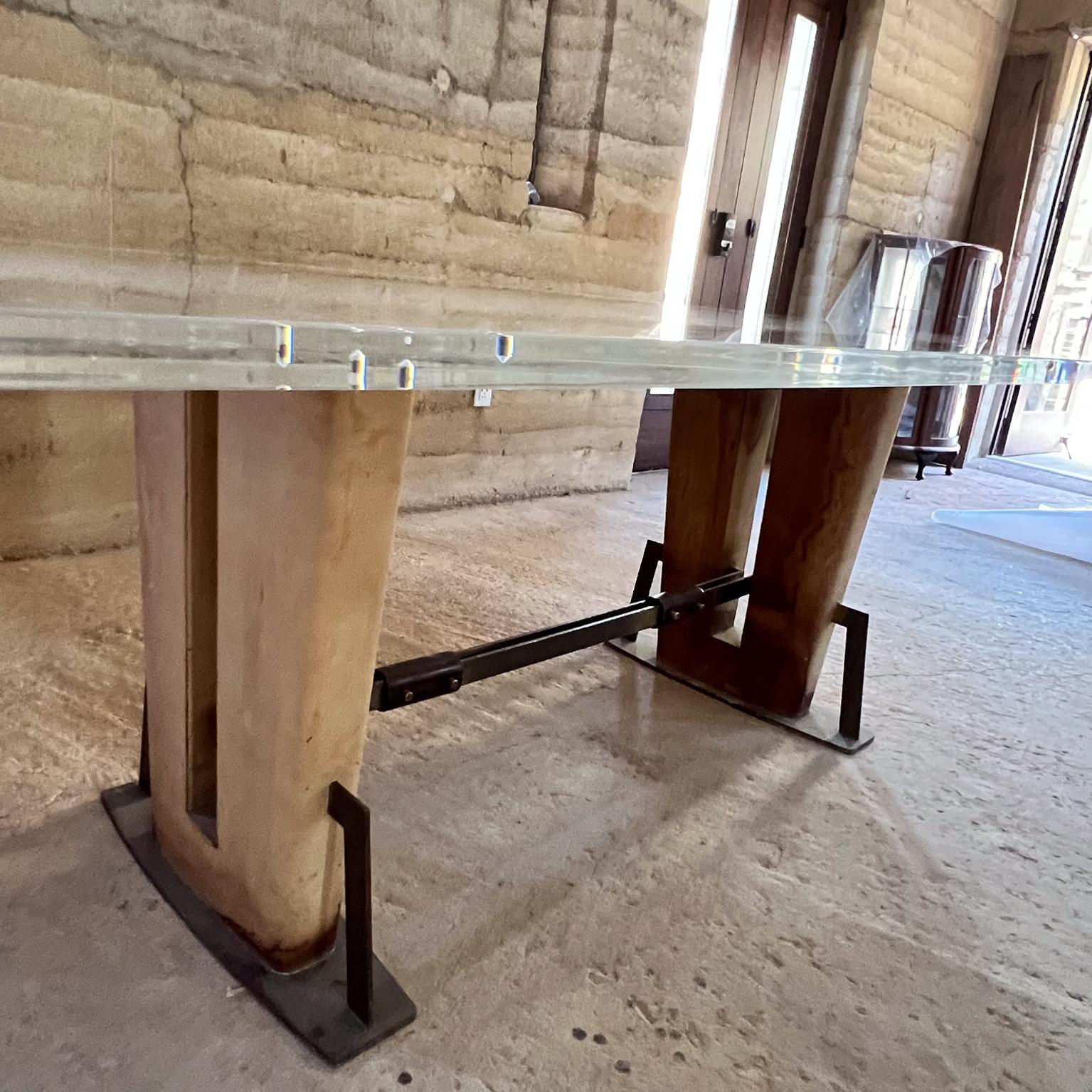 1960s Mexican Modernism Lucite Dining Table Leather Mahogany Solid Brass For Sale 10