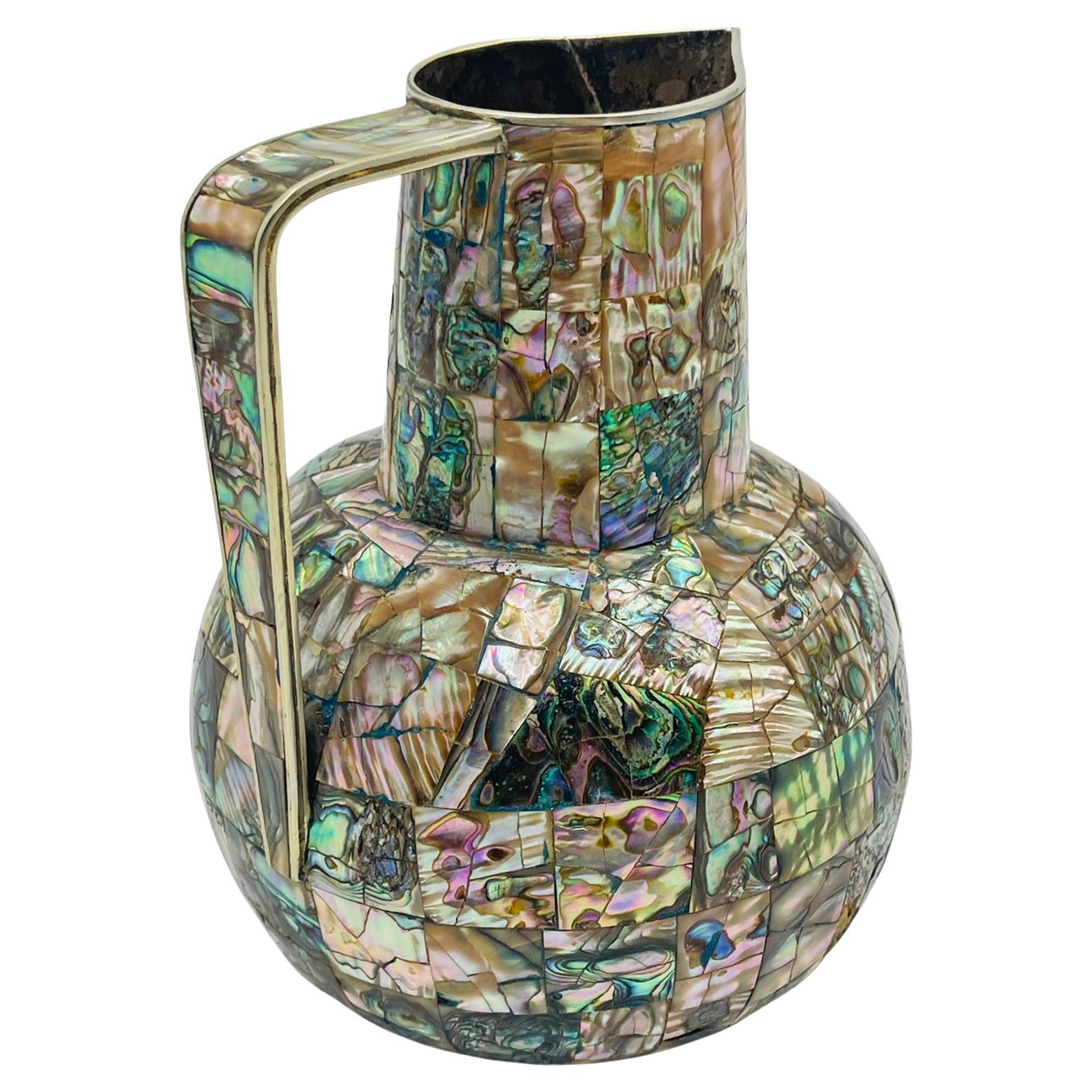 1960s Mexican Modernist Alpaca Silver & Abalone Pitcher, Los Castillo Style