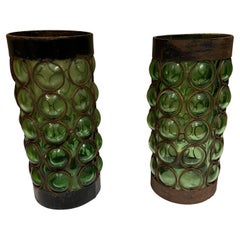 Porte-bougies mexicains modernistes verts des années 1960 en verre bullé Art Feders F Delfinger