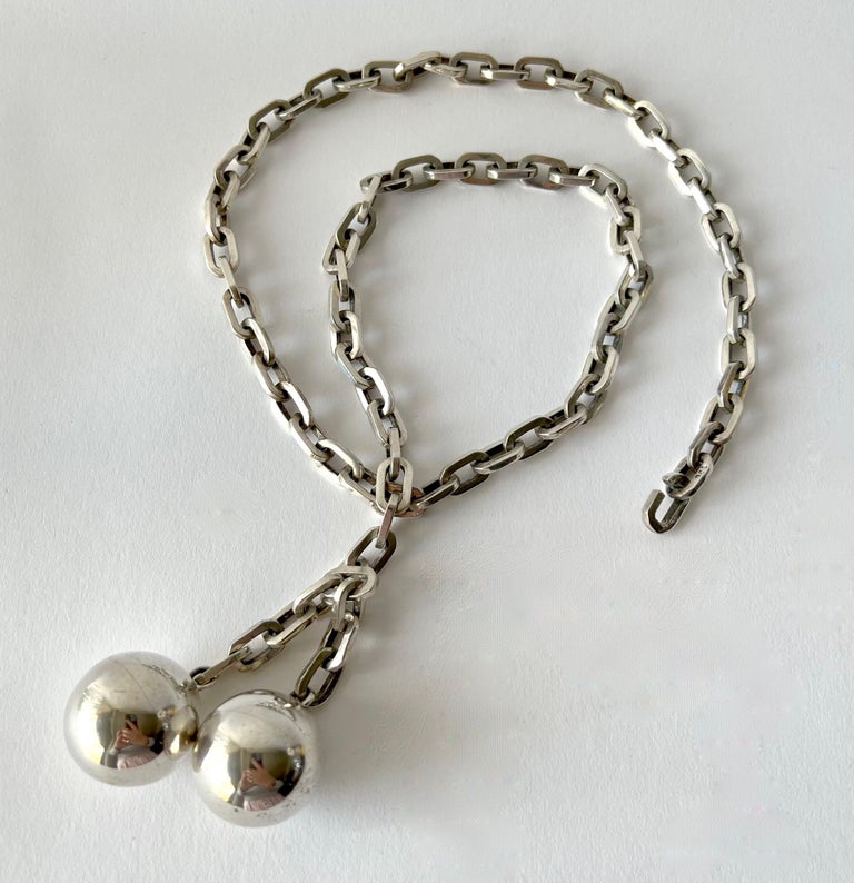 Mexican modern heavy ball and chain lariat necklace, circa 1960s.  Chain and decorative ball pendant have a total length of 31.5
