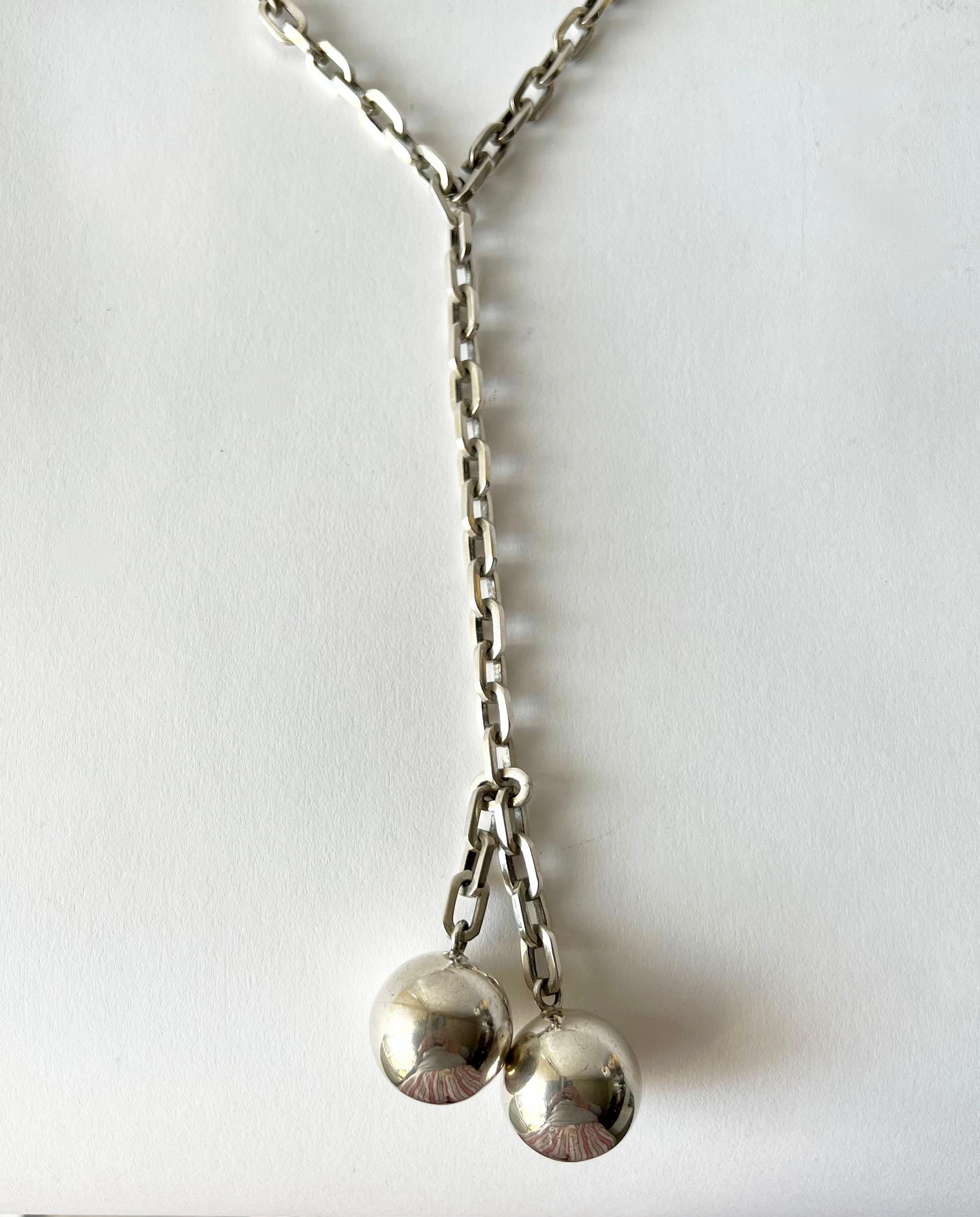 1960s Mexican Modernist Sterling Silver Ball and Chain Lariat Necklace In Good Condition In Palm Springs, CA