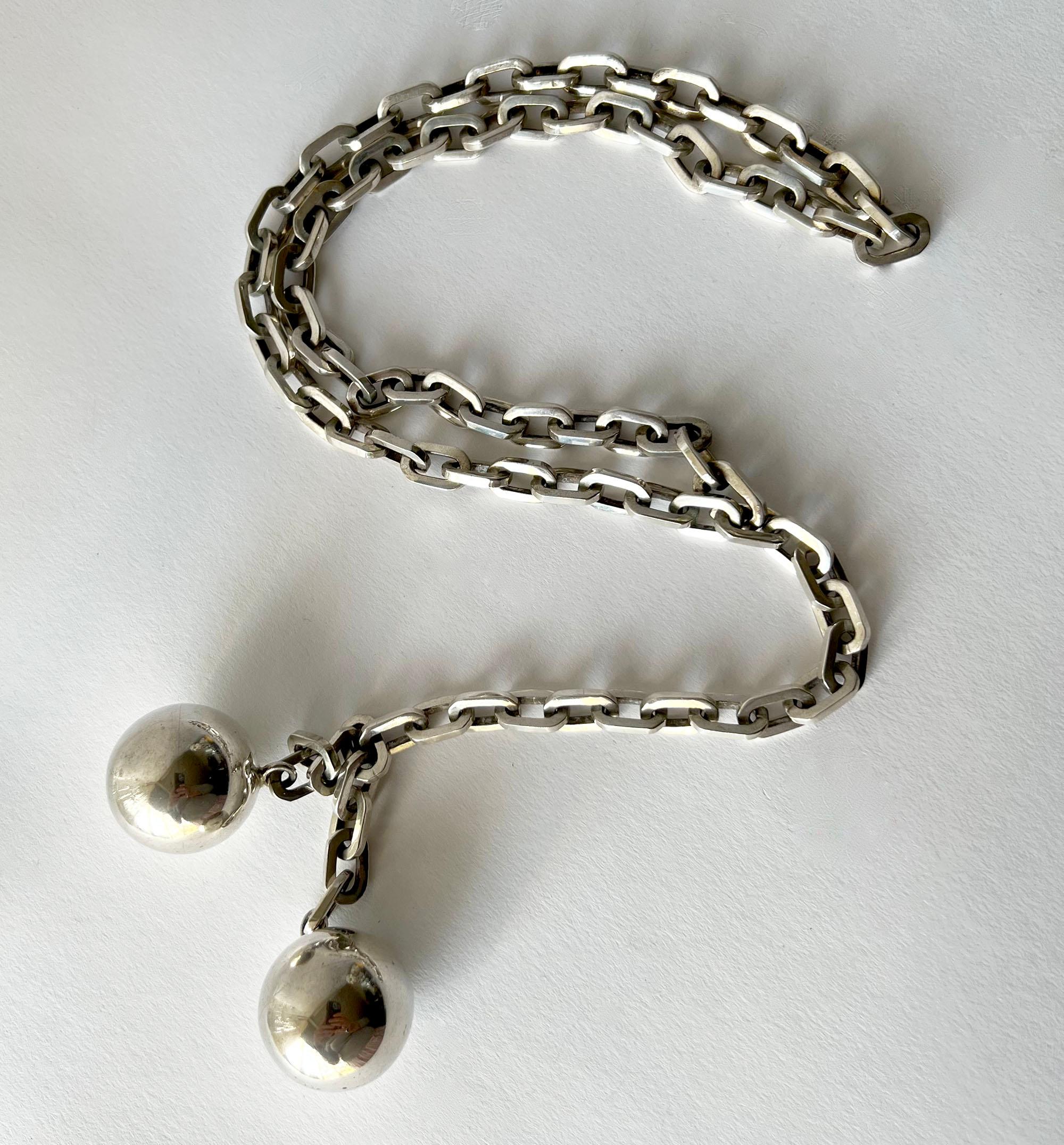 Women's 1960s Mexican Modernist Sterling Silver Ball and Chain Lariat Necklace