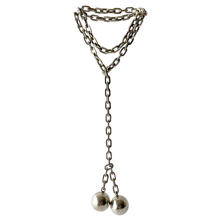 1960s Mexican Modernist Sterling Silver Ball and Chain Lariat Necklace For Sale