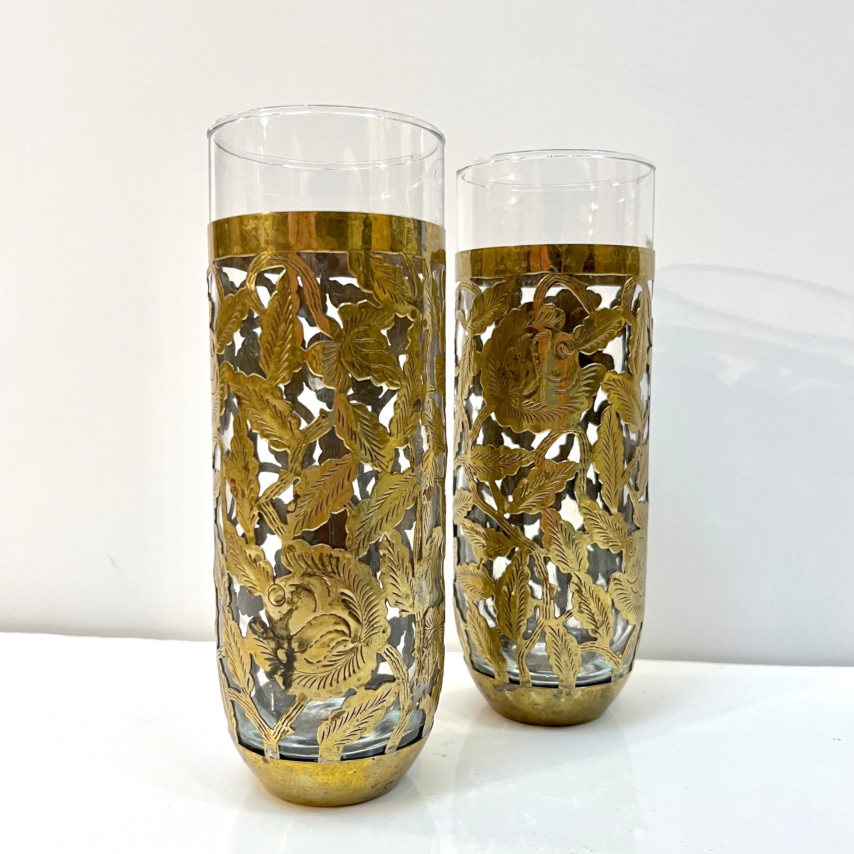 1960s Mexican Pair Drinking Glasses Encased in Etched Cutwork Floral Brass Decor For Sale 7