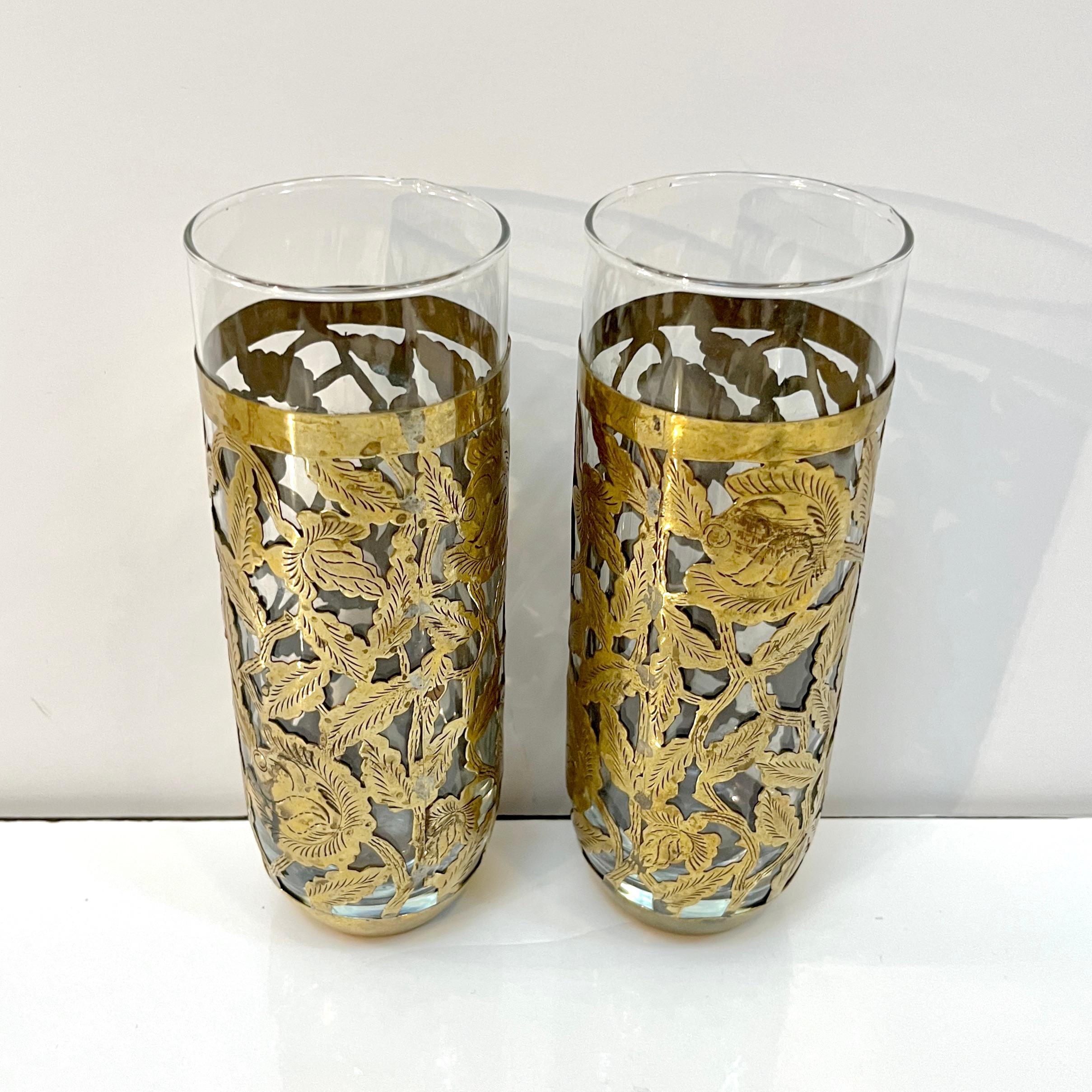 Mid-Century Modern 1960s Mexican Pair Drinking Glasses Encased in Etched Cutwork Floral Brass Decor For Sale