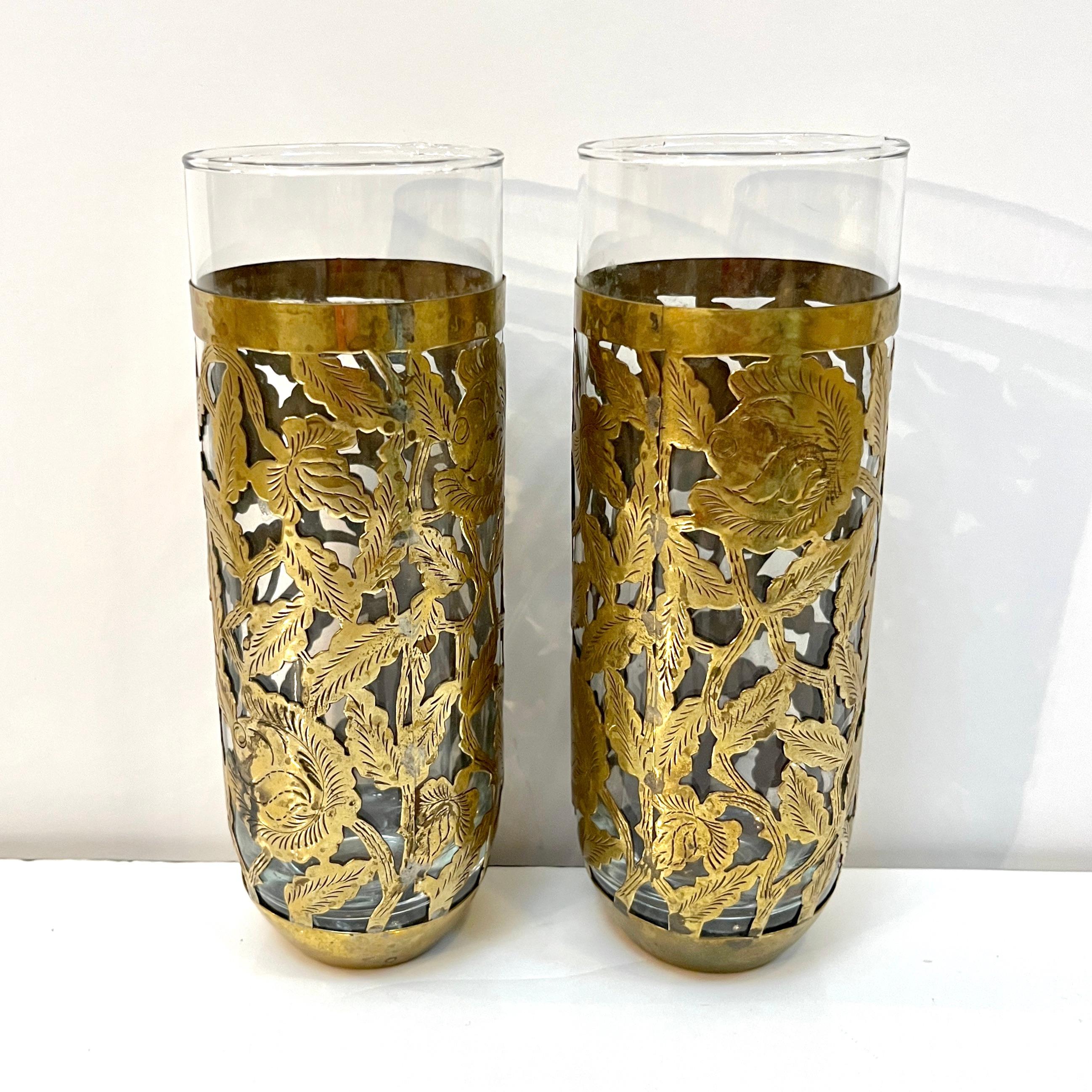 1960s Mexican Pair Drinking Glasses Encased in Etched Cutwork Floral Brass Decor In Good Condition For Sale In New York, NY