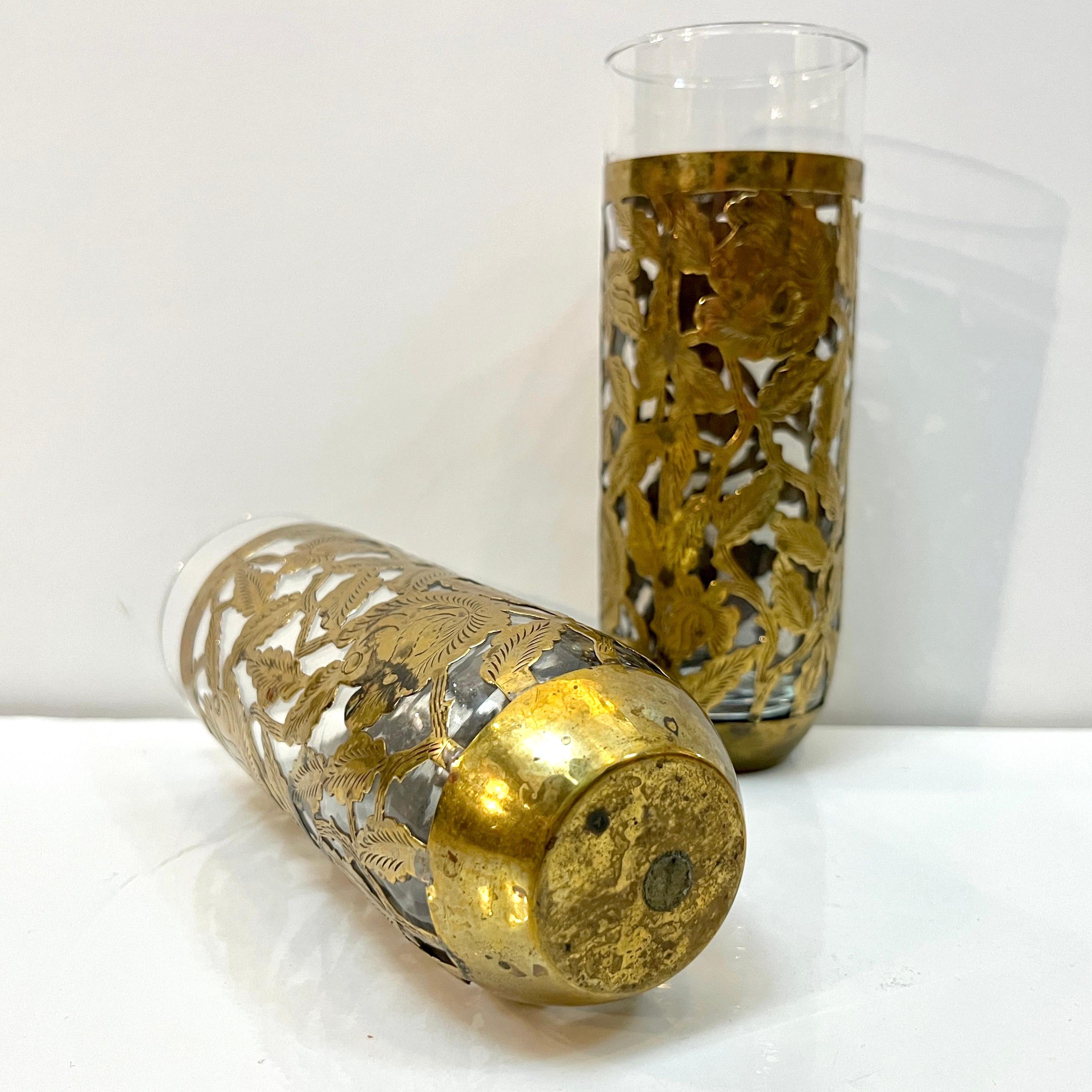 1960s Mexican Pair Drinking Glasses Encased in Etched Cutwork Floral Brass Decor For Sale 6