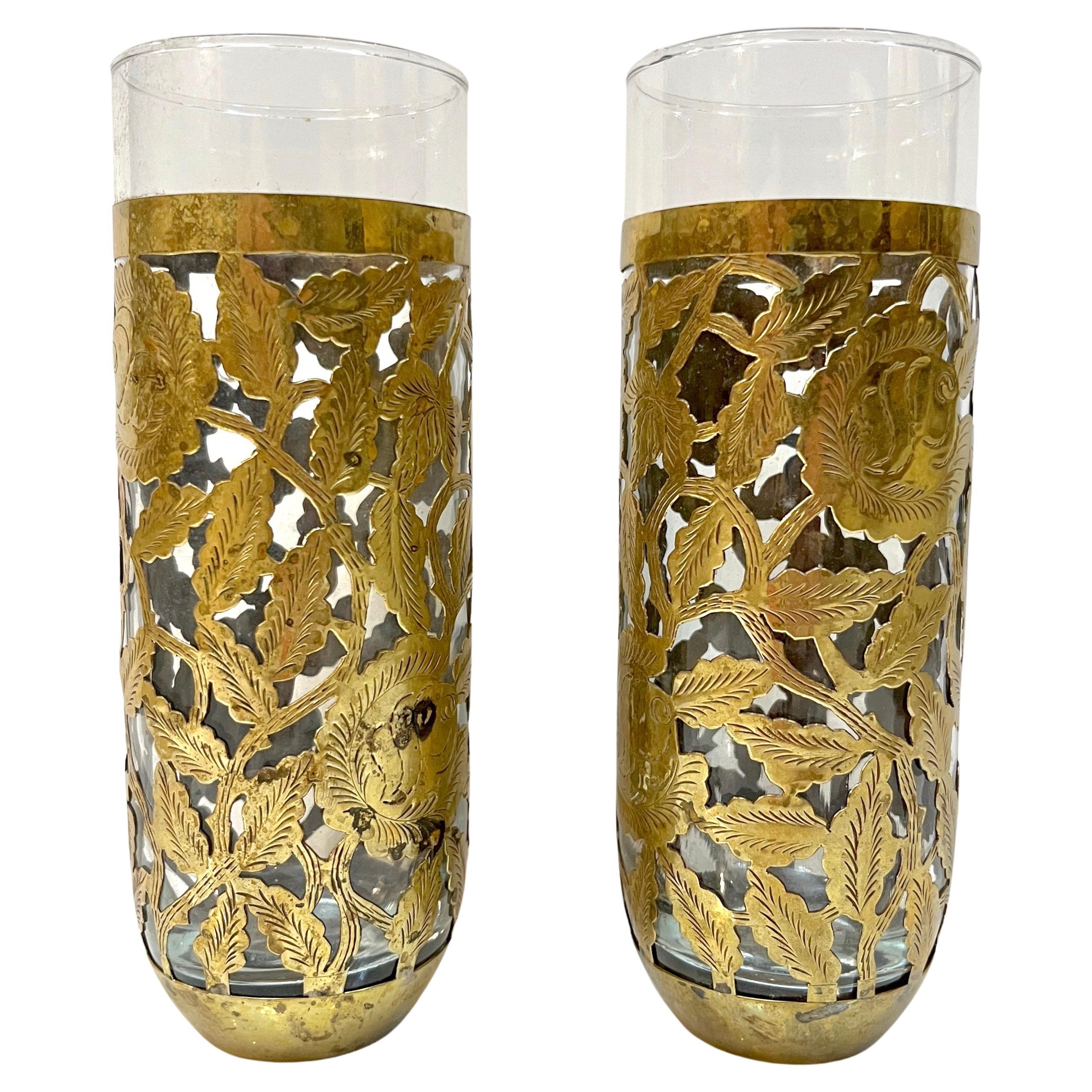 1960s Mexican Pair Drinking Glasses Encased in Etched Cutwork Floral Brass Decor For Sale