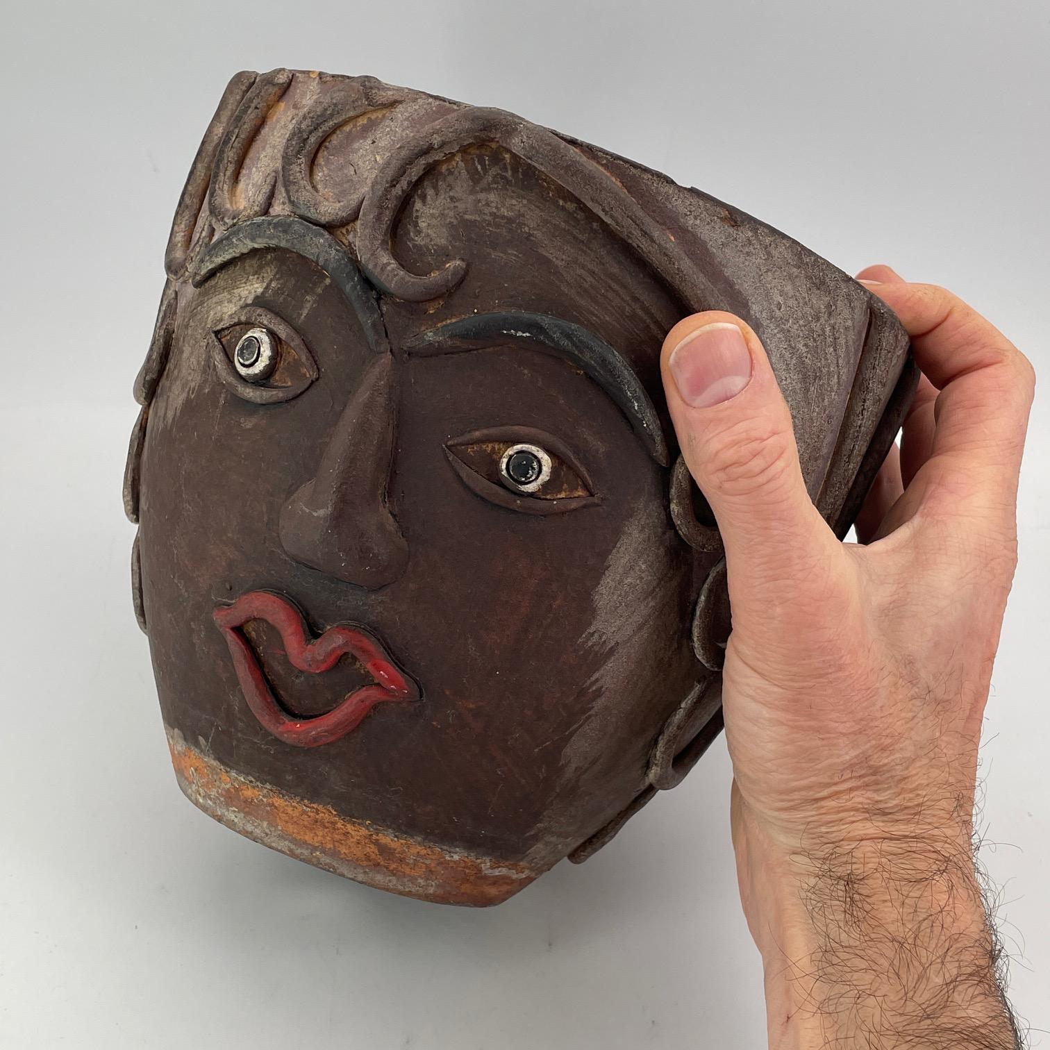1960s Mexican Terracotta Face Planter Vintage Mid-Century Figural Fun Pot For Sale 7