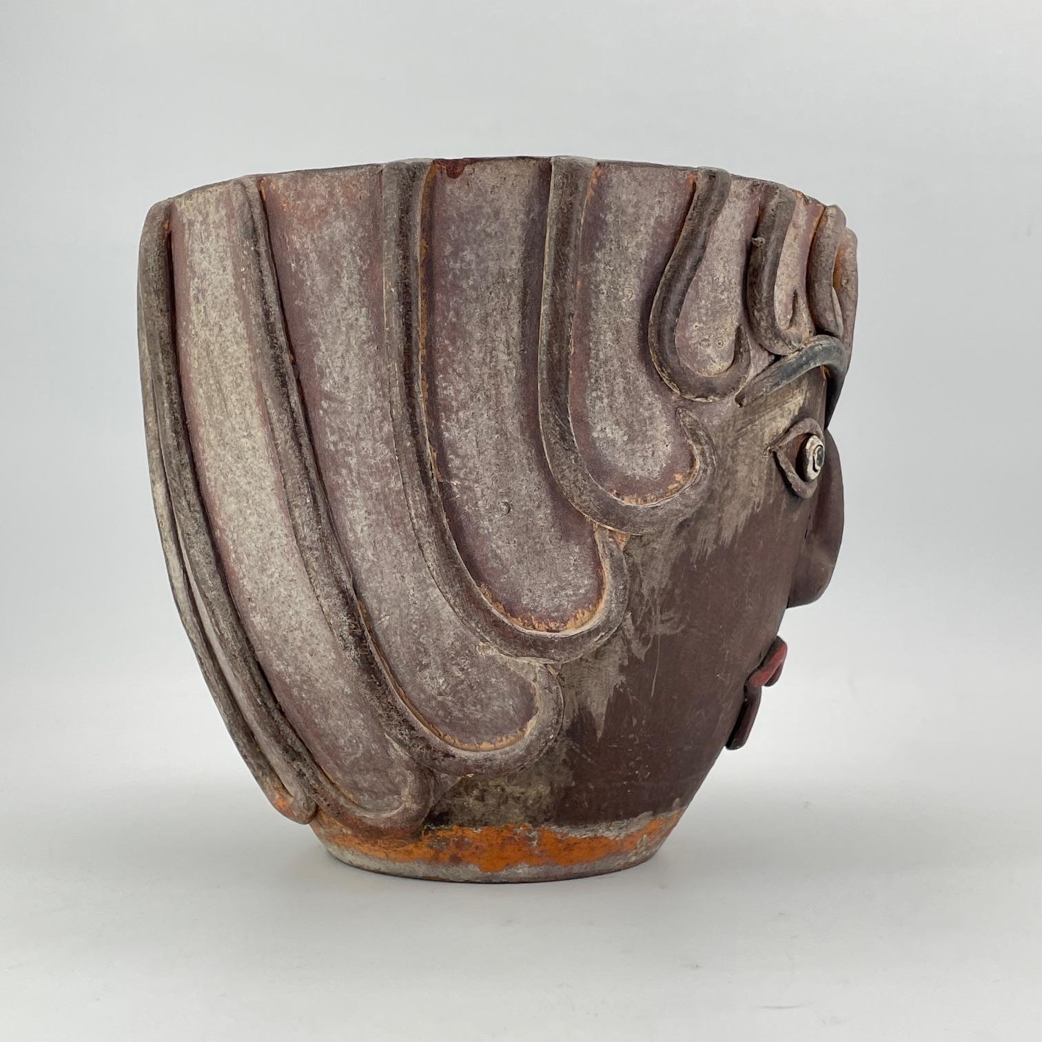 Mid-Century Modern 1960s Mexican Terracotta Face Planter Vintage Mid-Century Figural Fun Pot For Sale