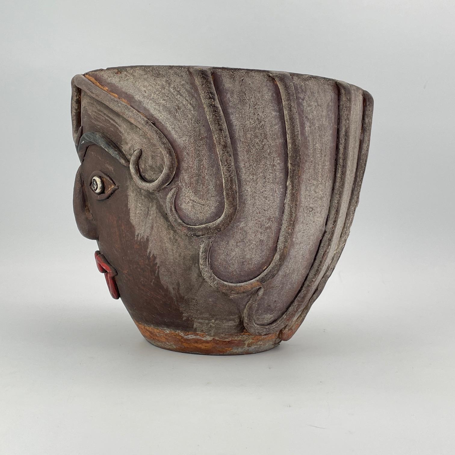 1960s Mexican Terracotta Face Planter Vintage Mid-Century Figural Fun Pot In Fair Condition For Sale In Hyattsville, MD