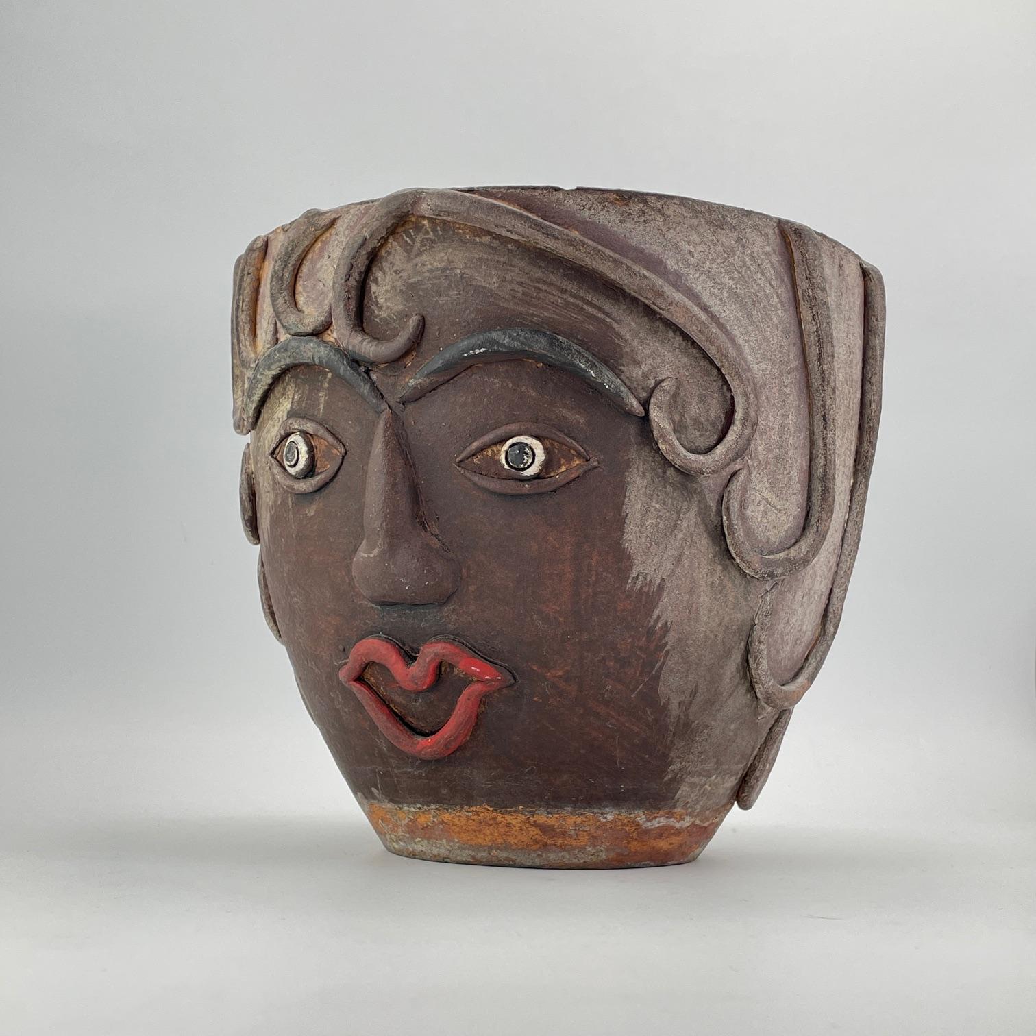 Mid-20th Century 1960s Mexican Terracotta Face Planter Vintage Mid-Century Figural Fun Pot For Sale