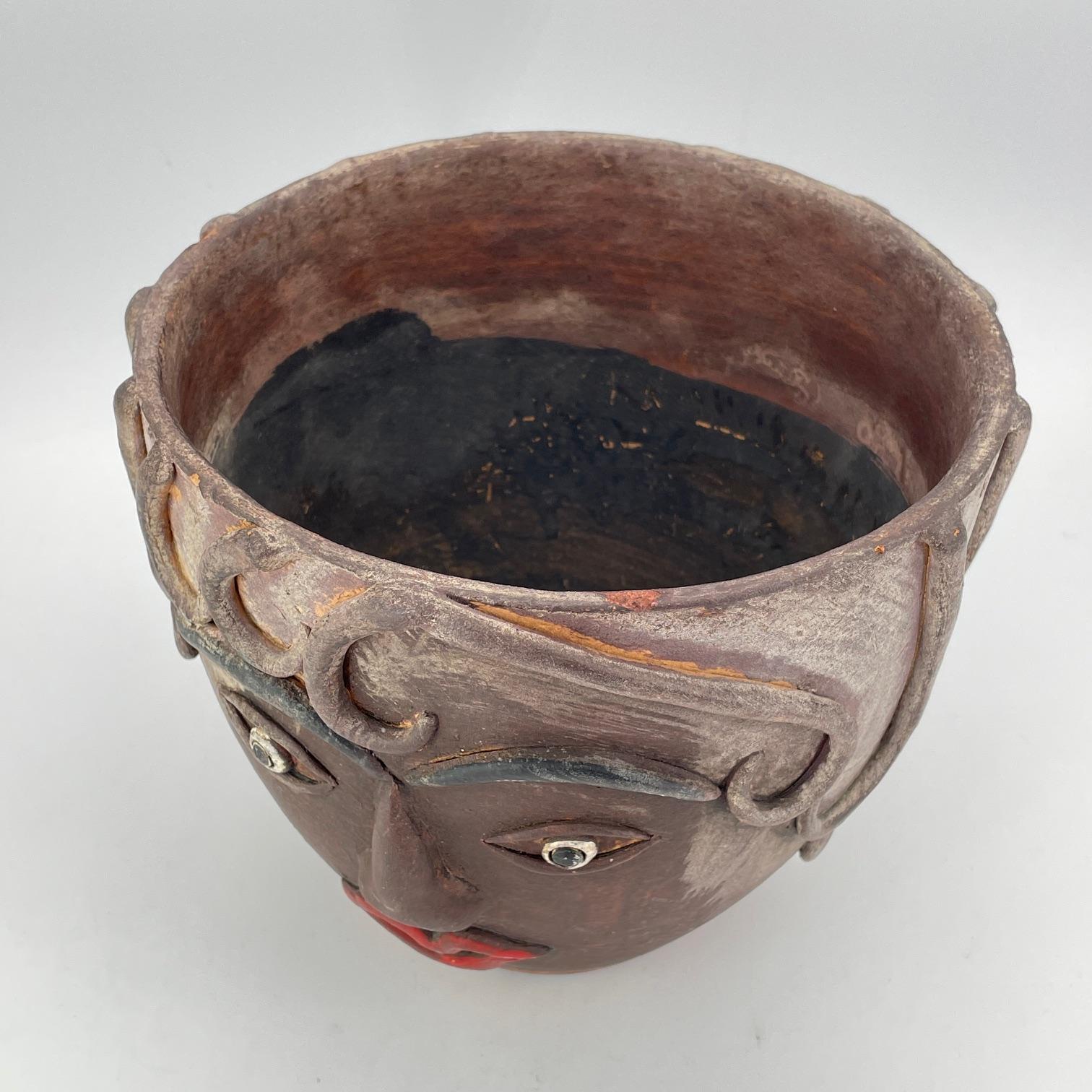 1960s Mexican Terracotta Face Planter Vintage Mid-Century Figural Fun Pot For Sale 3