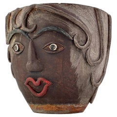 1960s Mexican Terracotta Face Planter Vintage Mid-Century Figural Fun Pot