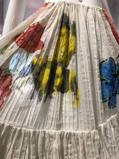 Mexican White Cotton Lace Tiered Skirt With Hand-Painted Bees and Florals, 60s